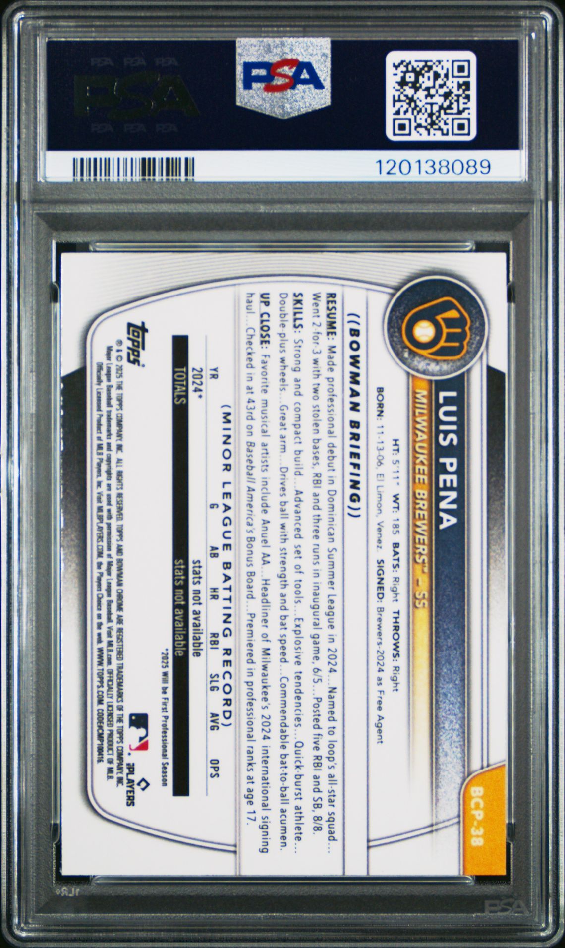 2025 Bowman Chrome Prospects Luis Pena #Bcp38 (Chrome Pros-Wave Ref) Mint 9 back