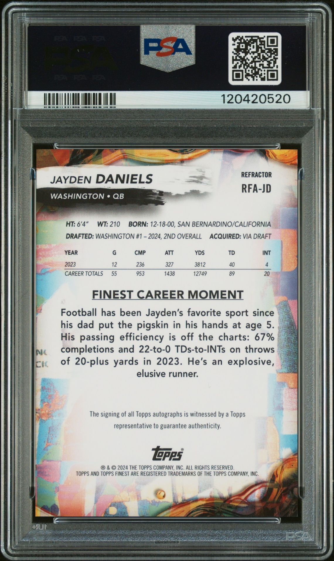 2024 Topps Finest Rookie Finest Autographs Jayden Daniels #Rfajd (Rookie Finest Au-Refractor) Mint 9 back