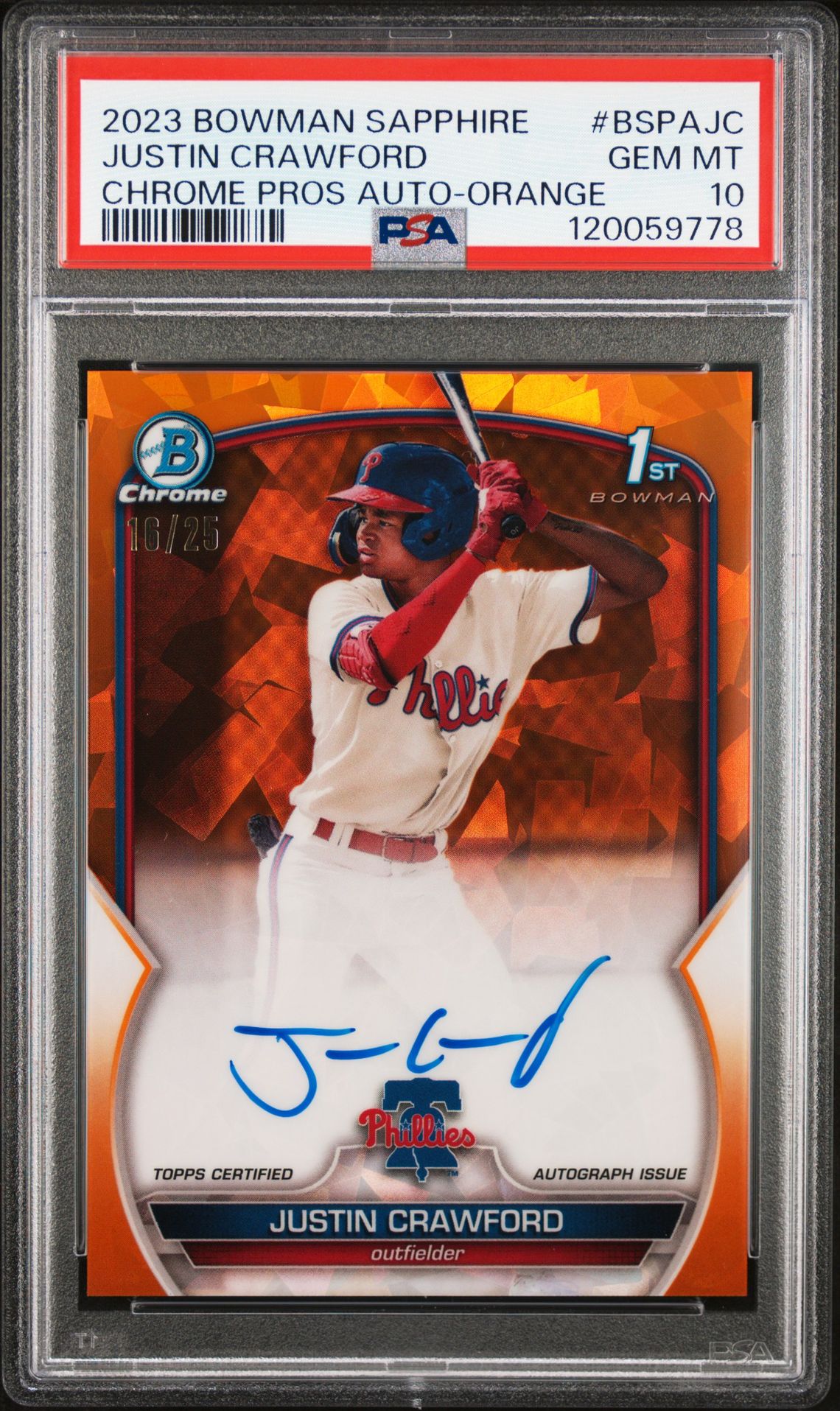 2023 Bowman BOWMAN SAPPHIRE EDITION CHROME PROSPECTS AUTOGRAPHS CHROME PROS AUTO-ORANGE #BSPAJC Justin Crawford front