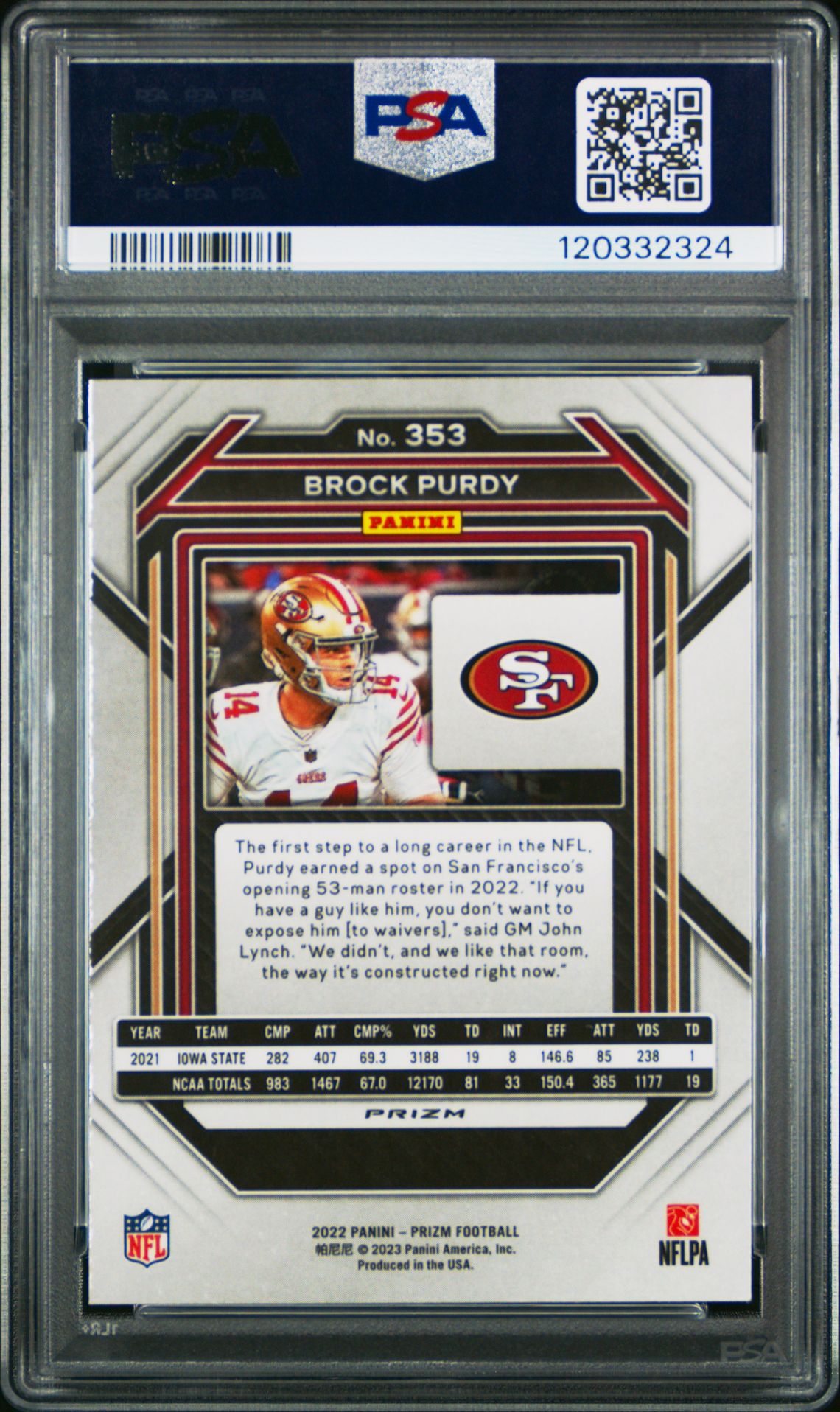 2022 Panini Prizm Brock Purdy #353 (Orange Ice) Gem Mt 10 back