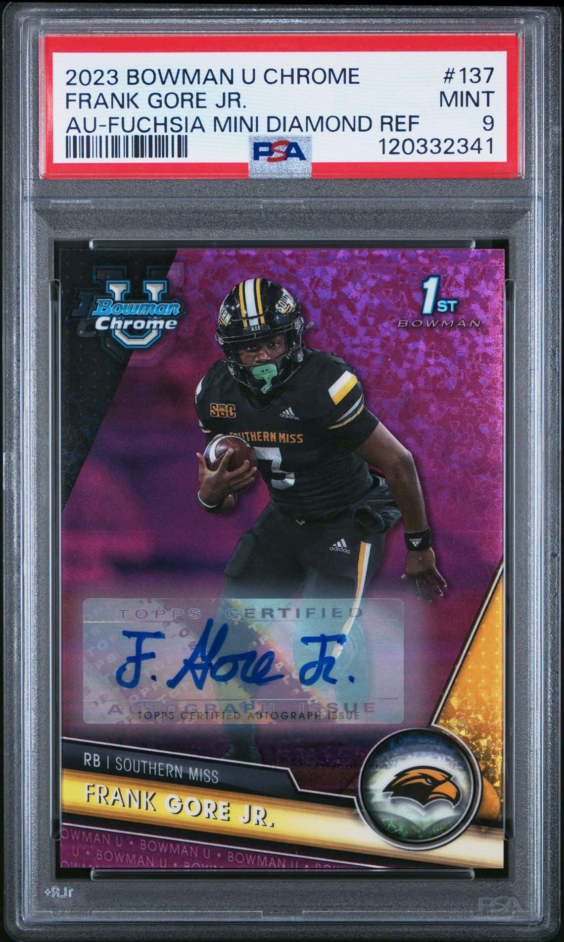 2023 Bowman University Chrome Frank Gore Jr. #137 (Au-Fuchsia Mini Diamond Ref) Mint 9 front