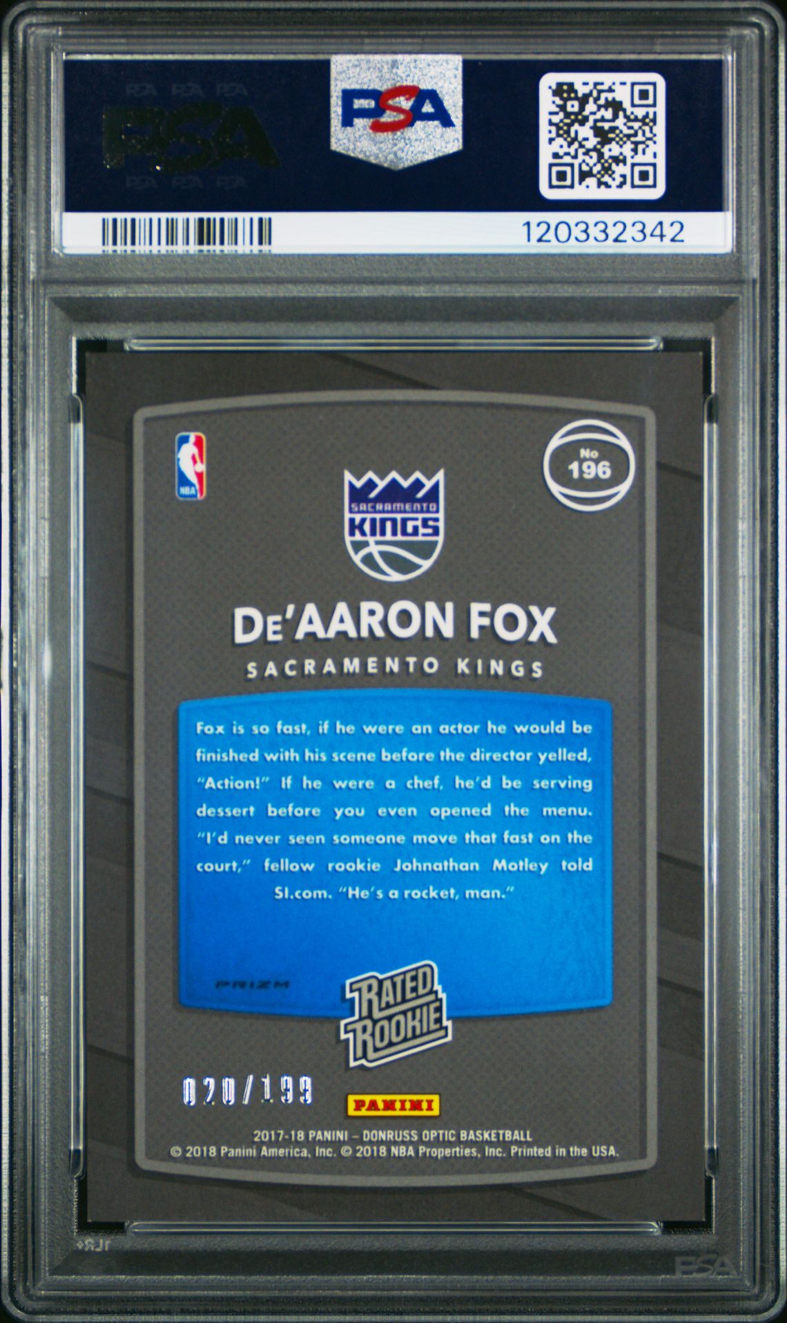 2017 Panini Donruss Optic De'aaron Fox #196 (Orange) Mint 9 back