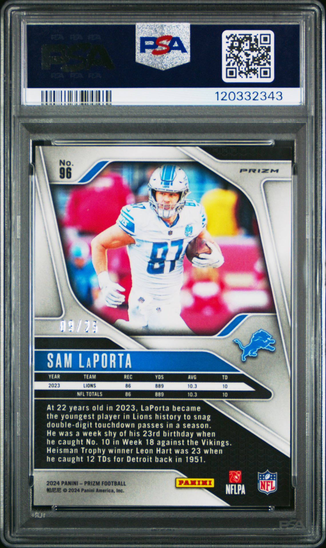 2024 Panini Prizm Sam Laporta #96 (No Huddle Pink) Gem Mt 10 back