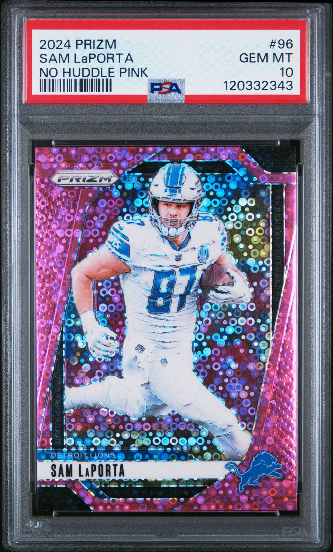 2024 Panini Prizm Sam Laporta #96 (No Huddle Pink) Gem Mt 10 front