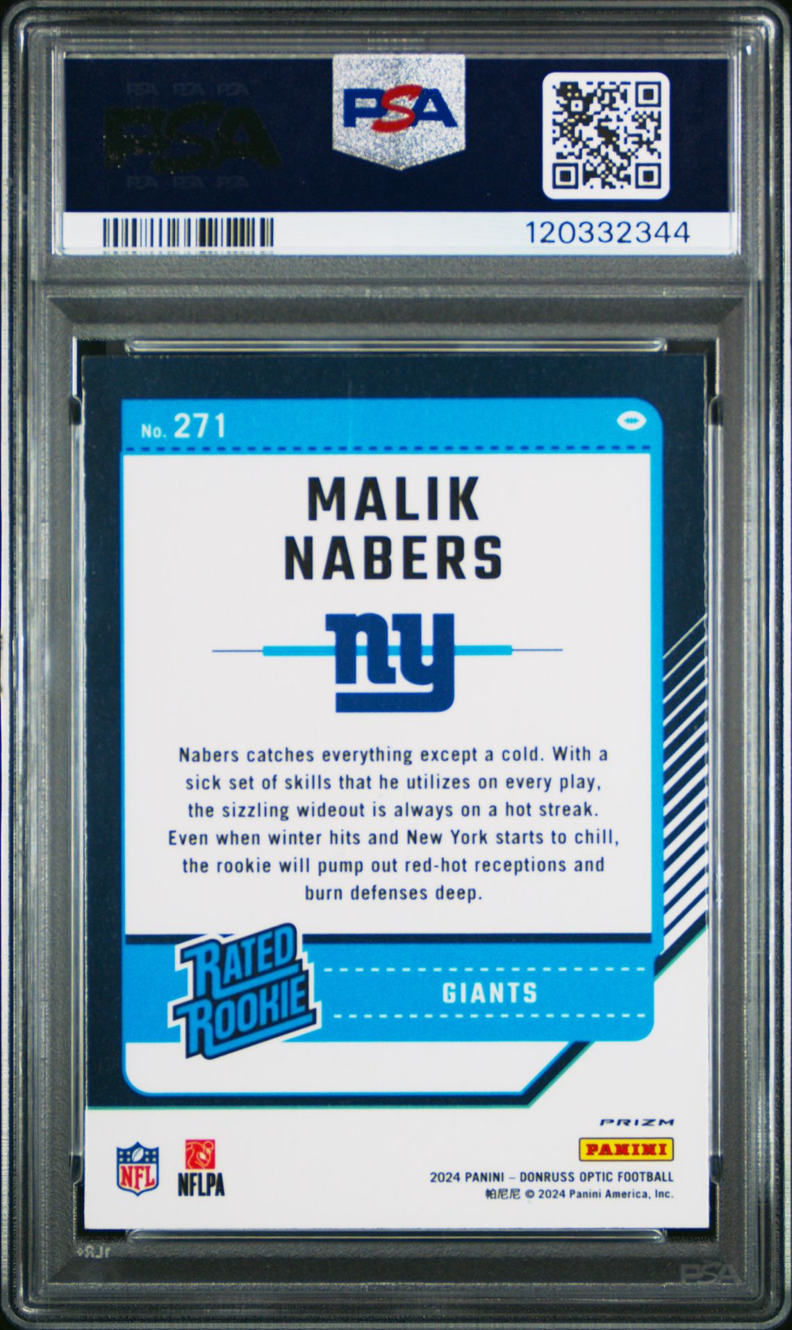 2024 Panini Donruss Optic Malik Nabers #271 (Blue Hyper) Gem Mt 10 back