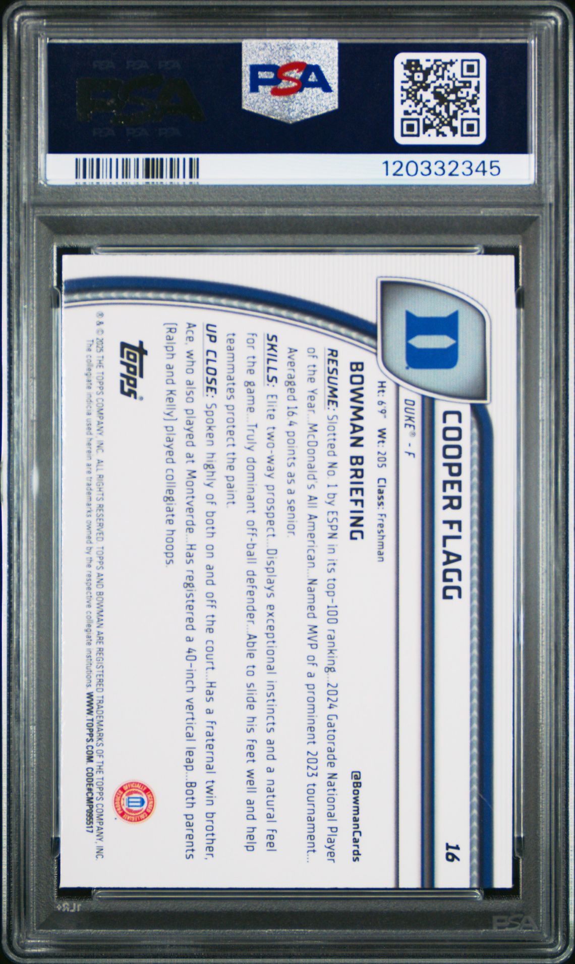 2024 Bowman Chrome University Cooper Flagg #16 (Black Wave) Gem Mt 10 back