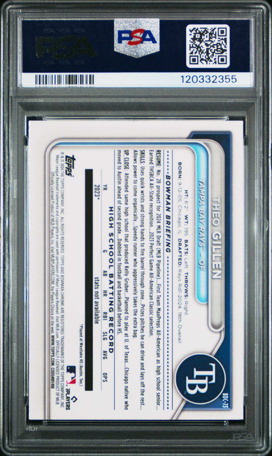 2024 Bowman Draft Theo Gillen #Bdc73 (Chrome-Yellow Refractor) Mint 9 back