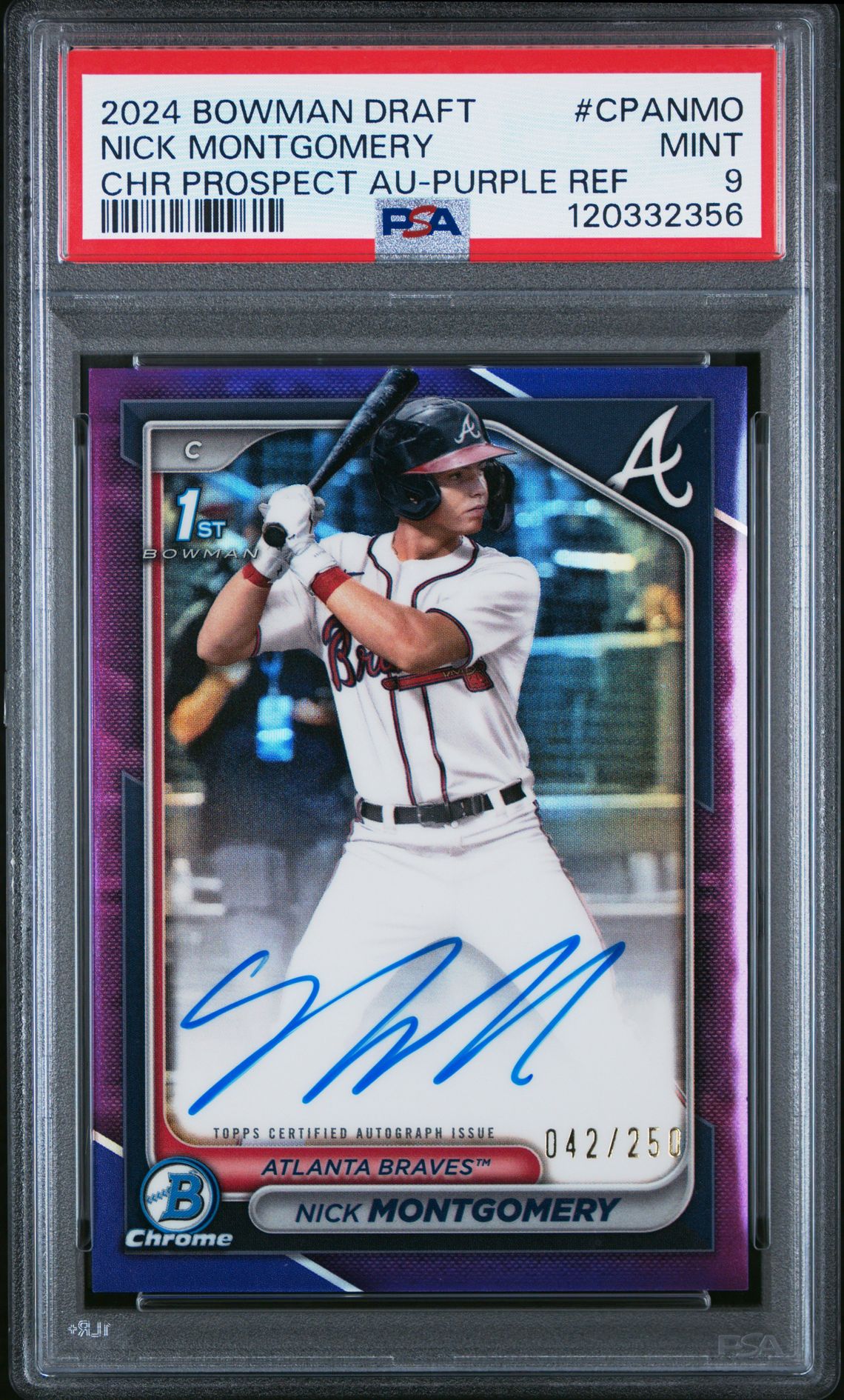 2024 Bowman Draft Chrome Prospect Autographs Nick Montgomery #Cpanmo (Chr Prospect Au-Purple Ref) Mint 9 front