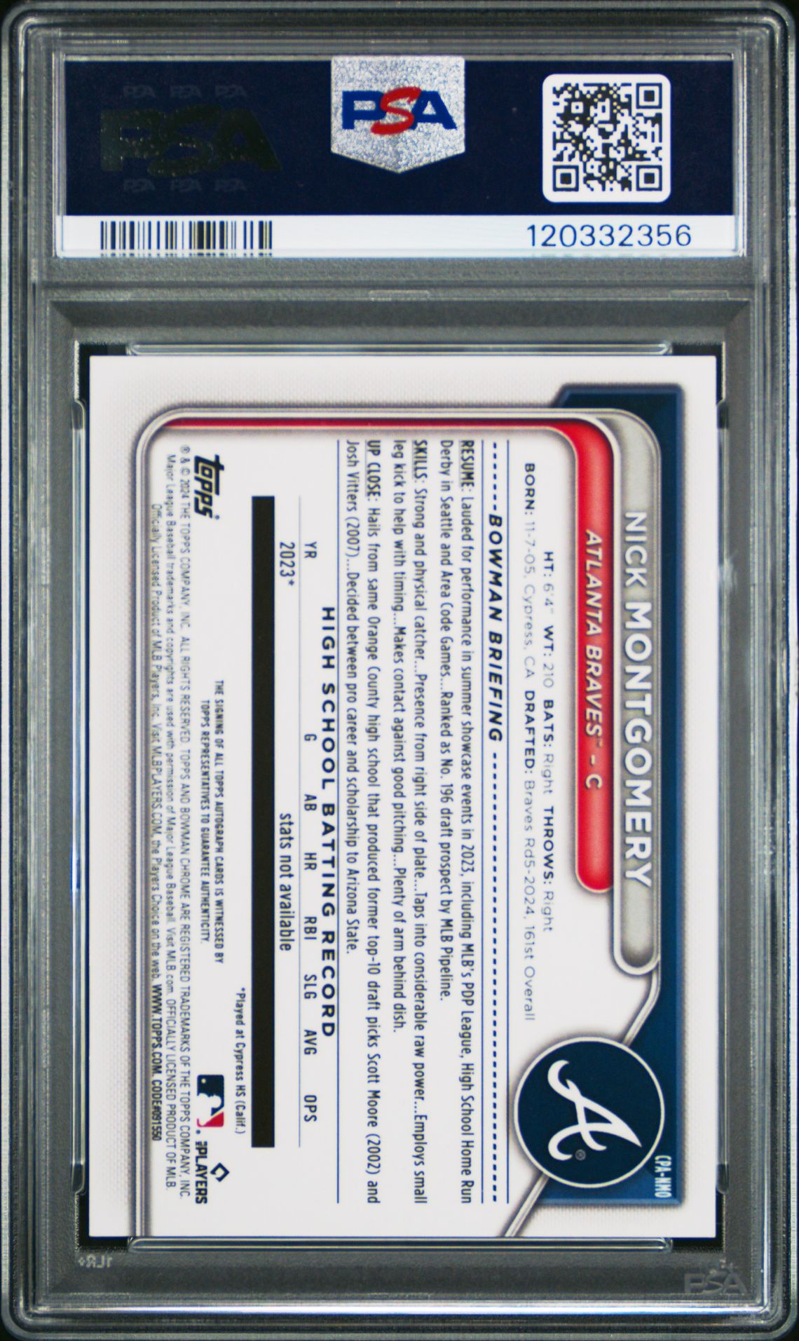 2024 Bowman Draft Chrome Prospect Autographs Nick Montgomery #Cpanmo (Chr Prospect Au-Purple Ref) Mint 9 back