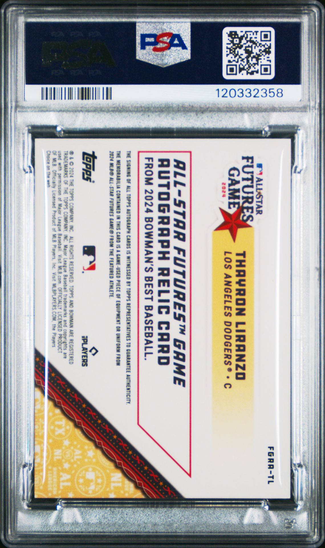 2024 Bowman's Best 2024 Mlb All-Star Futures Game Chrome Autograph Relics Thayron Liranzo #Fgratl (As Ftr Chr Au Rlc-Blue Ref) Mint 9 back