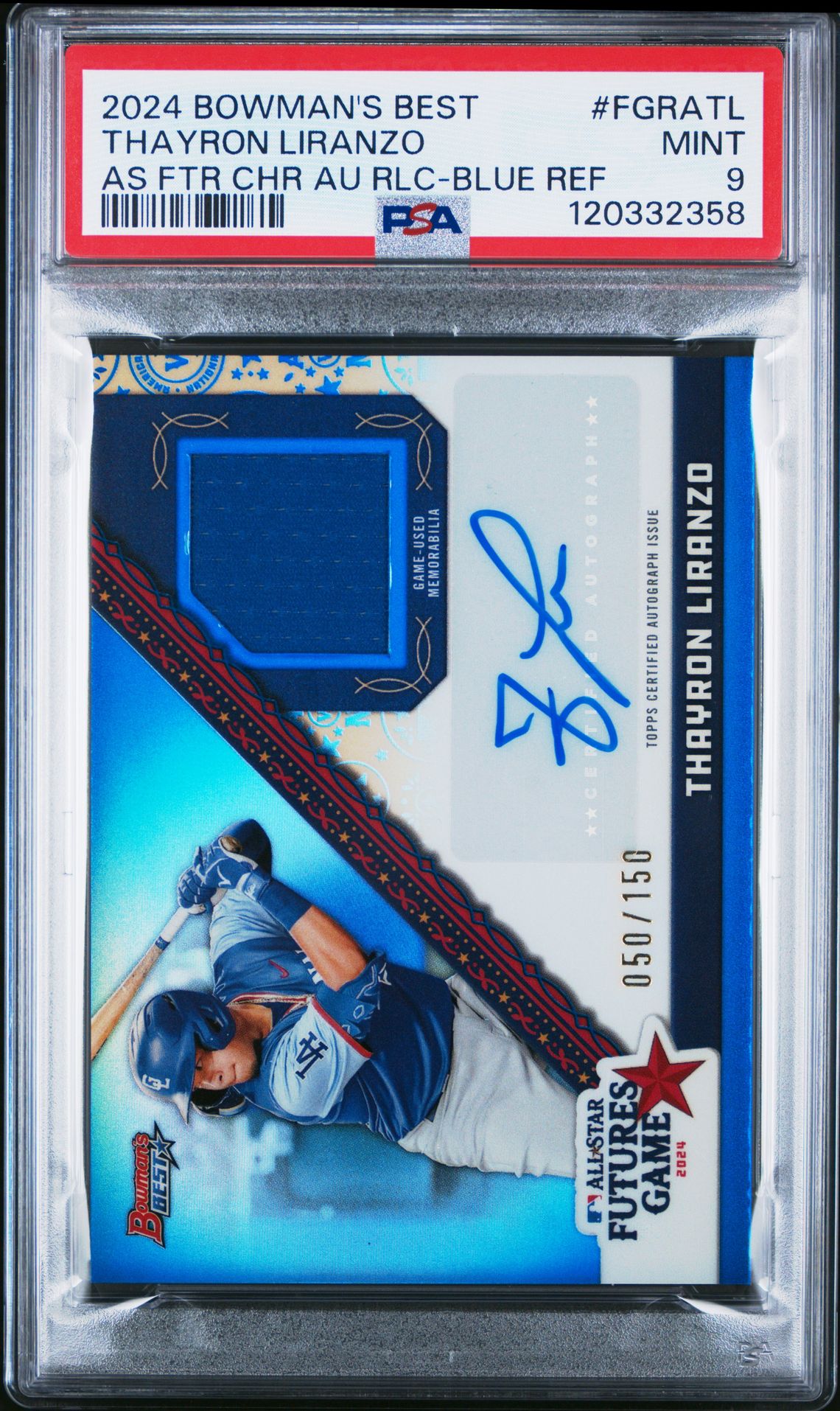 2024 Bowman's Best 2024 Mlb All-Star Futures Game Chrome Autograph Relics Thayron Liranzo #Fgratl (As Ftr Chr Au Rlc-Blue Ref) Mint 9 front