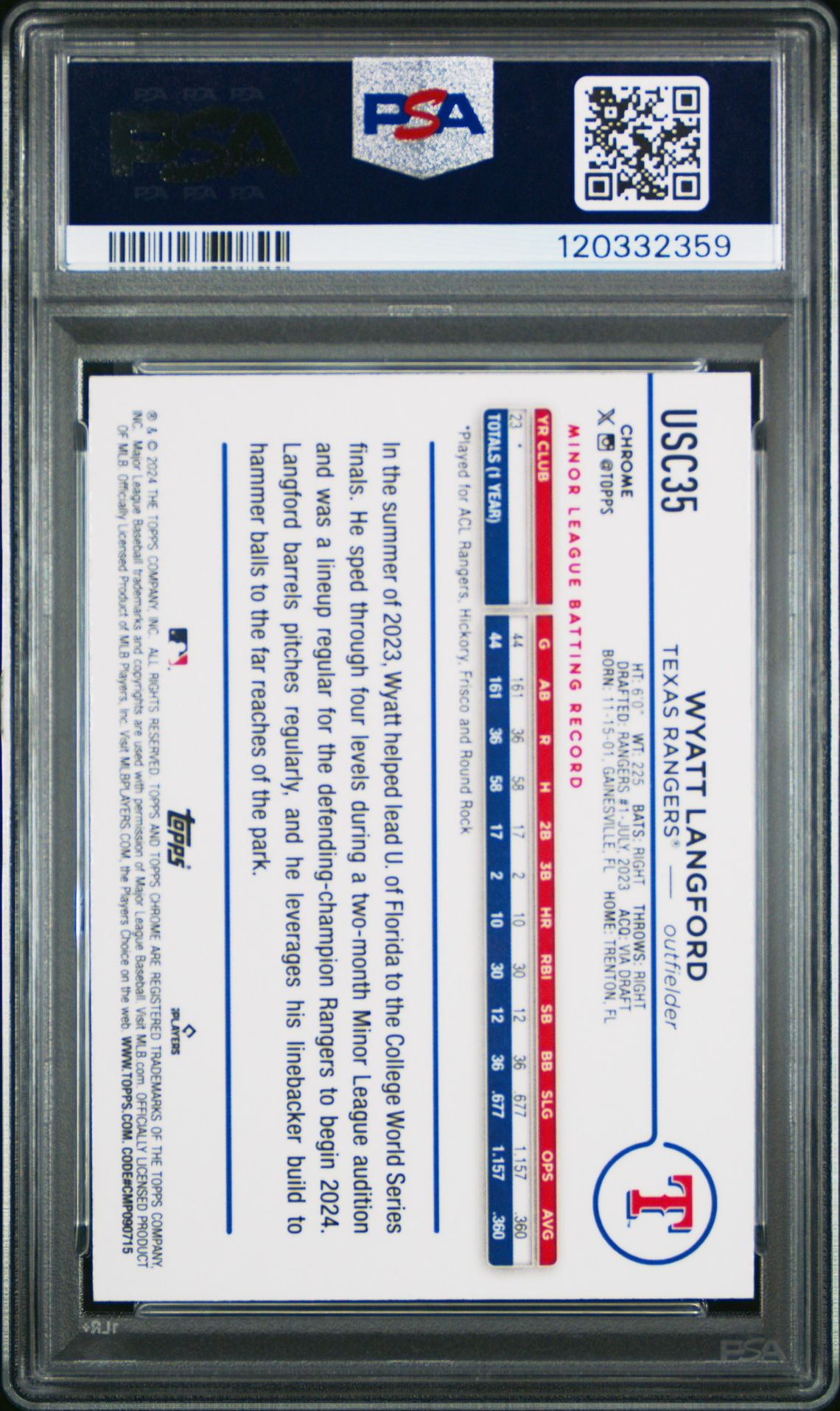 2024 Topps Chrome Update Wyatt Langford #Usc35 (X-Fractor) Gem Mt 10 back