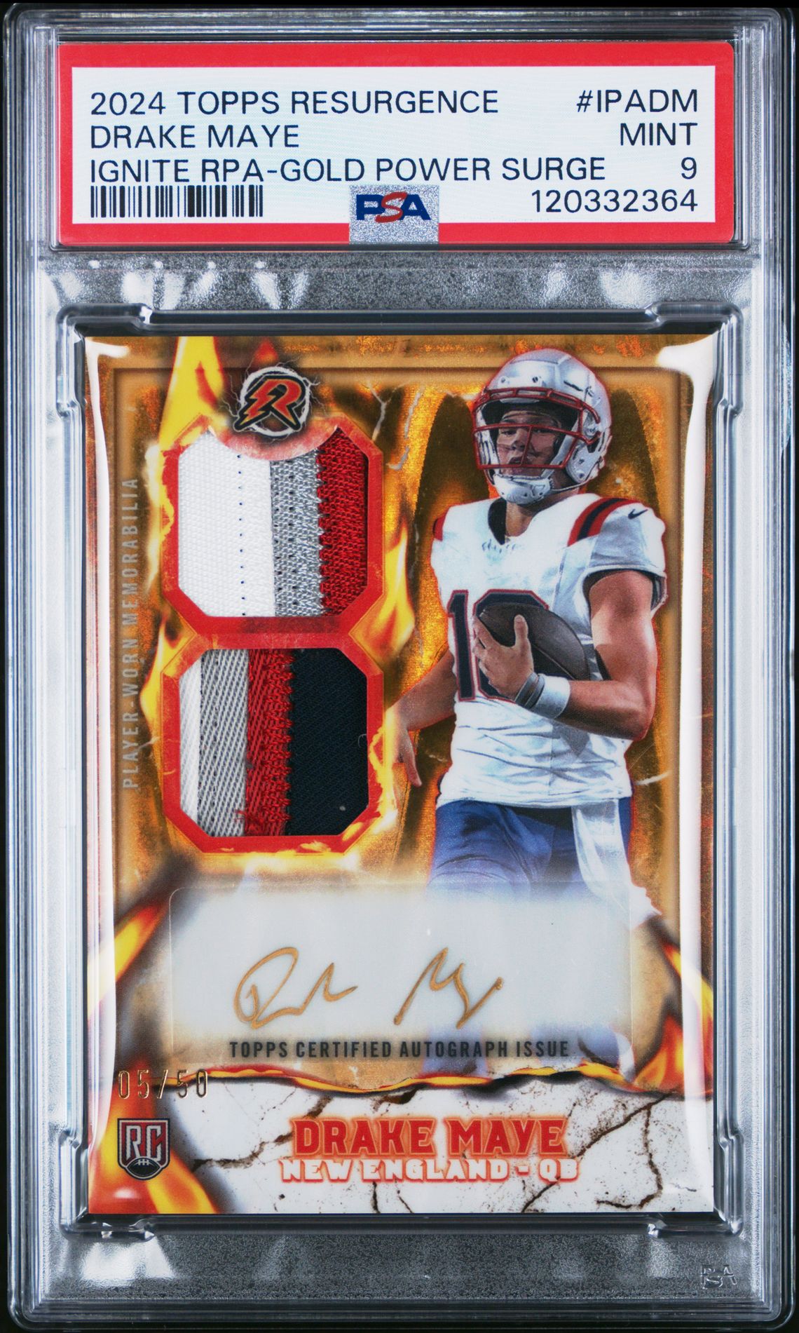 2024 Topps Resurgence Ignite Rookie Patch Autographs Drake Maye #Ipadm (Ignite Rpa-Gold Power Surge) Mint 9 front