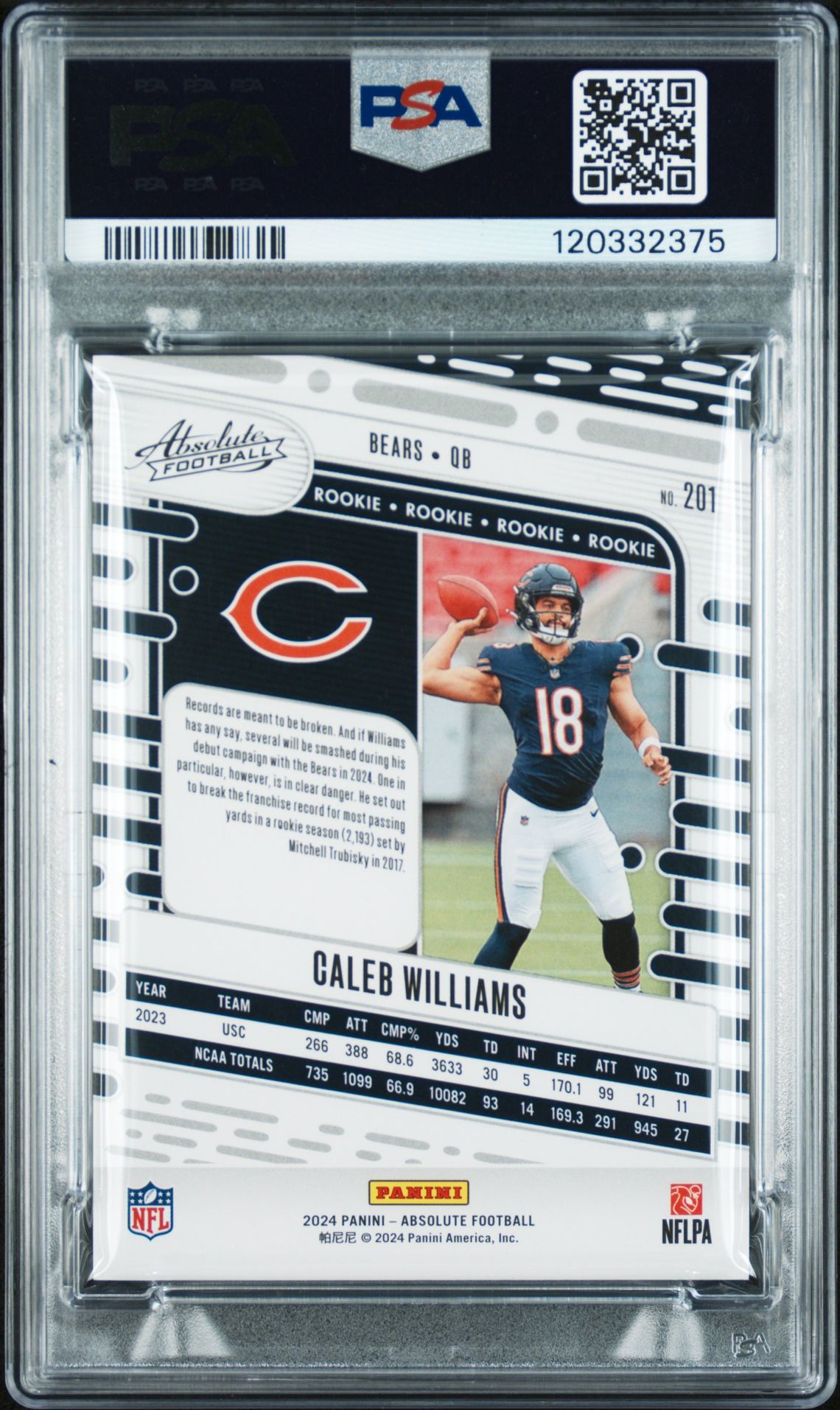 2024 Panini Absolute Caleb Williams #201 (Spectrum) Mint 9 back