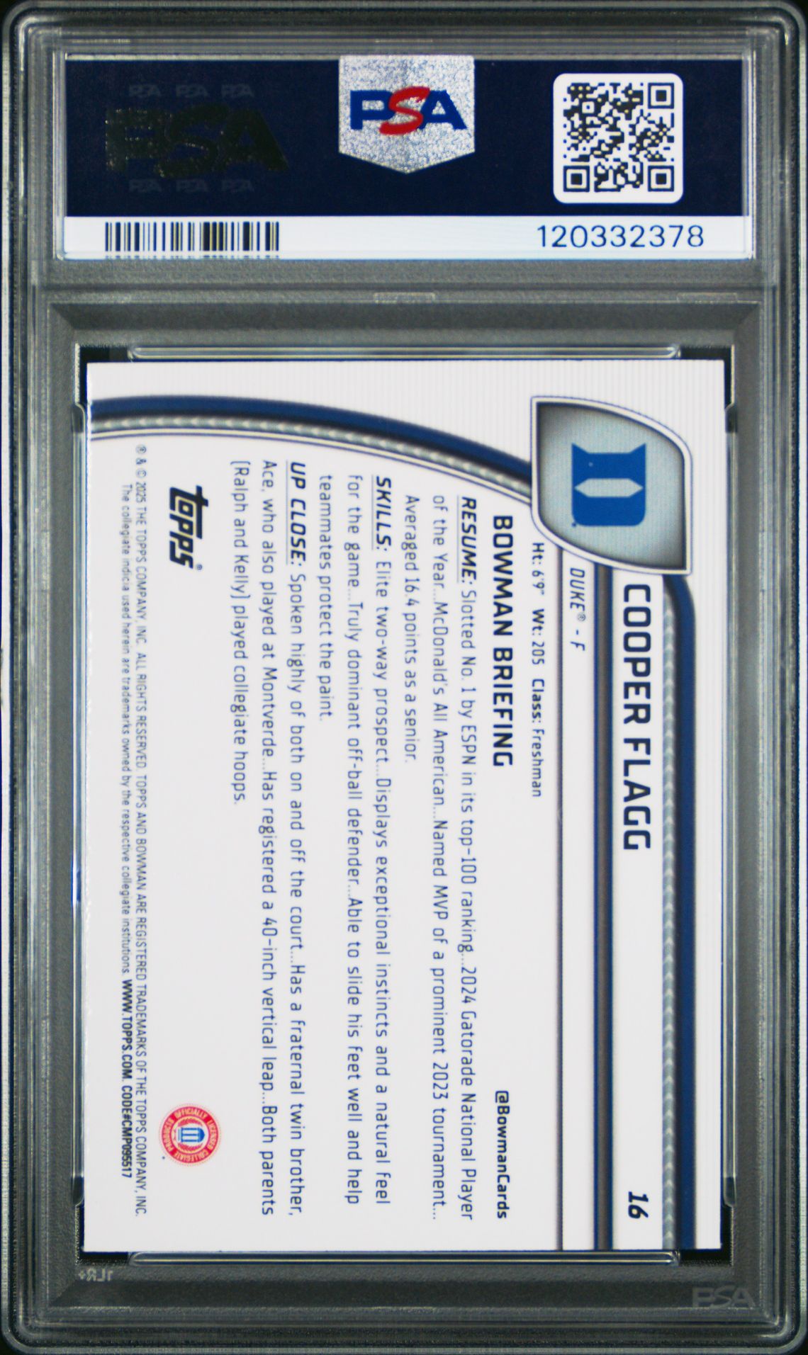 2024 Bowman Chrome University Cooper Flagg #16 (Green Shimmer) Gem Mt 10 back