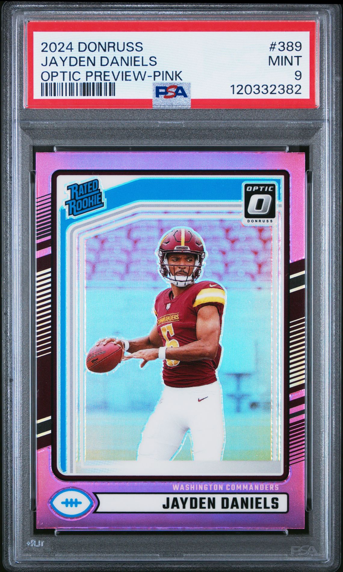 2024 Panini Donruss Jayden Daniels #389 (Optic Preview-Pink) Mint 9 front