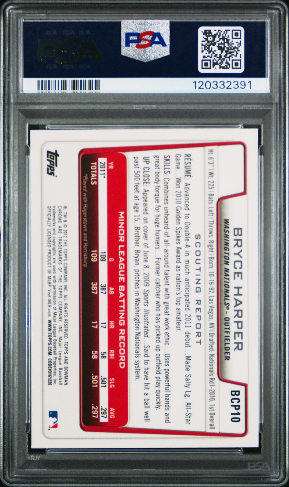 2012 Bowman Prospects Bryce Harper #Bcp10 (Chrome) Gem Mt 10 back