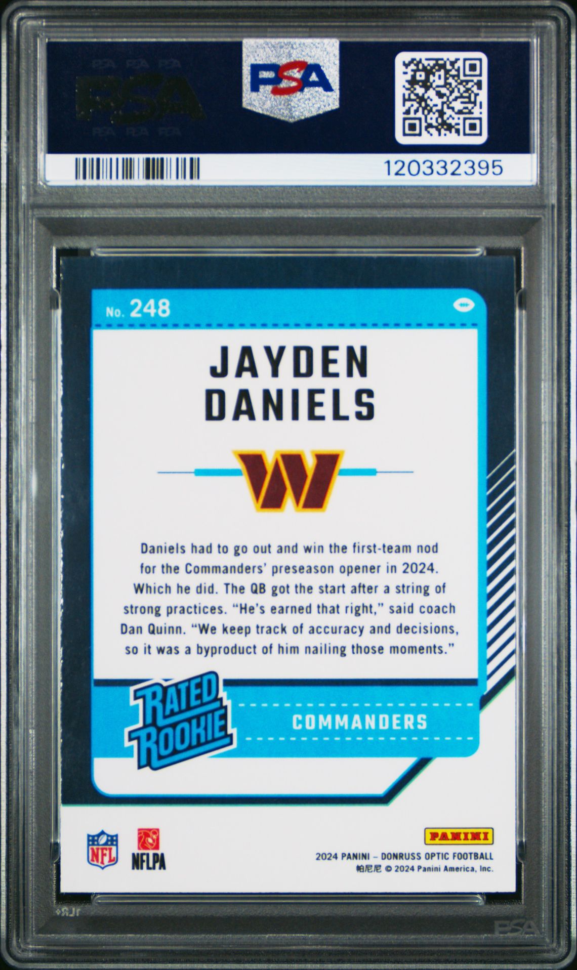 2024 Panini Donruss Optic Jayden Daniels #248 Gem Mt 10 back