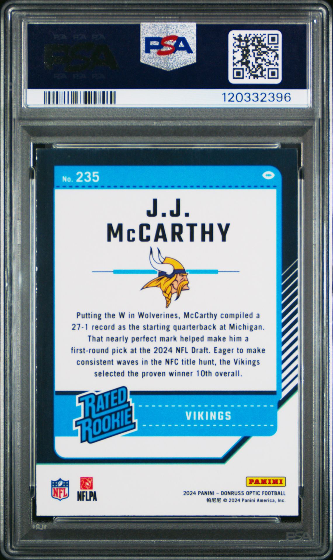 2024 Panini Donruss Optic Jj Mccarthy #235 Mint 9 back