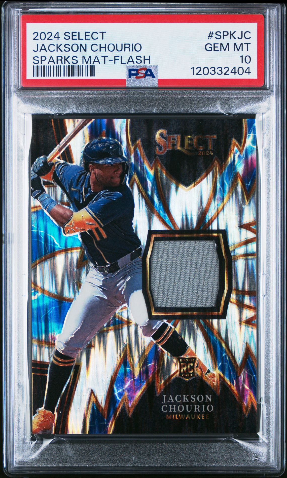 2024 Panini Select Sparks Materials Jackson Chourio #Spkjc (Sparks Mat-Flash) Gem Mt 10 front