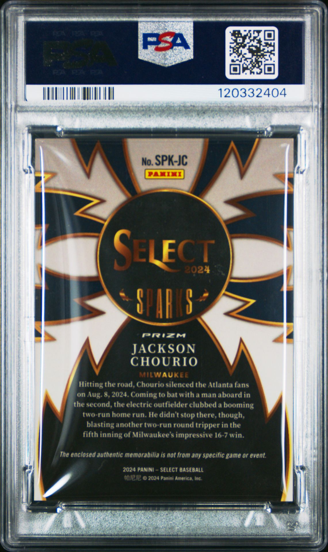 2024 Panini Select Sparks Materials Jackson Chourio #Spkjc (Sparks Mat-Flash) Gem Mt 10 back