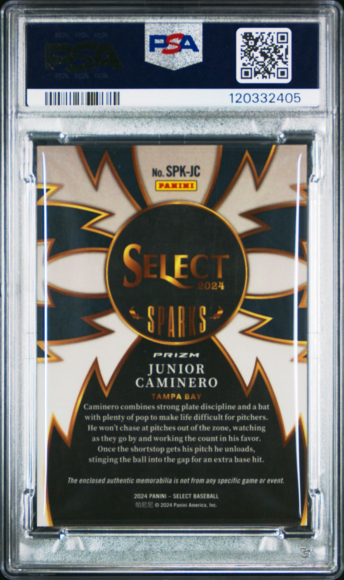 2024 Panini Select Sparks Materials Junior Caminero #Spkjc (Sparks Mat-Flash) Mint 9 back