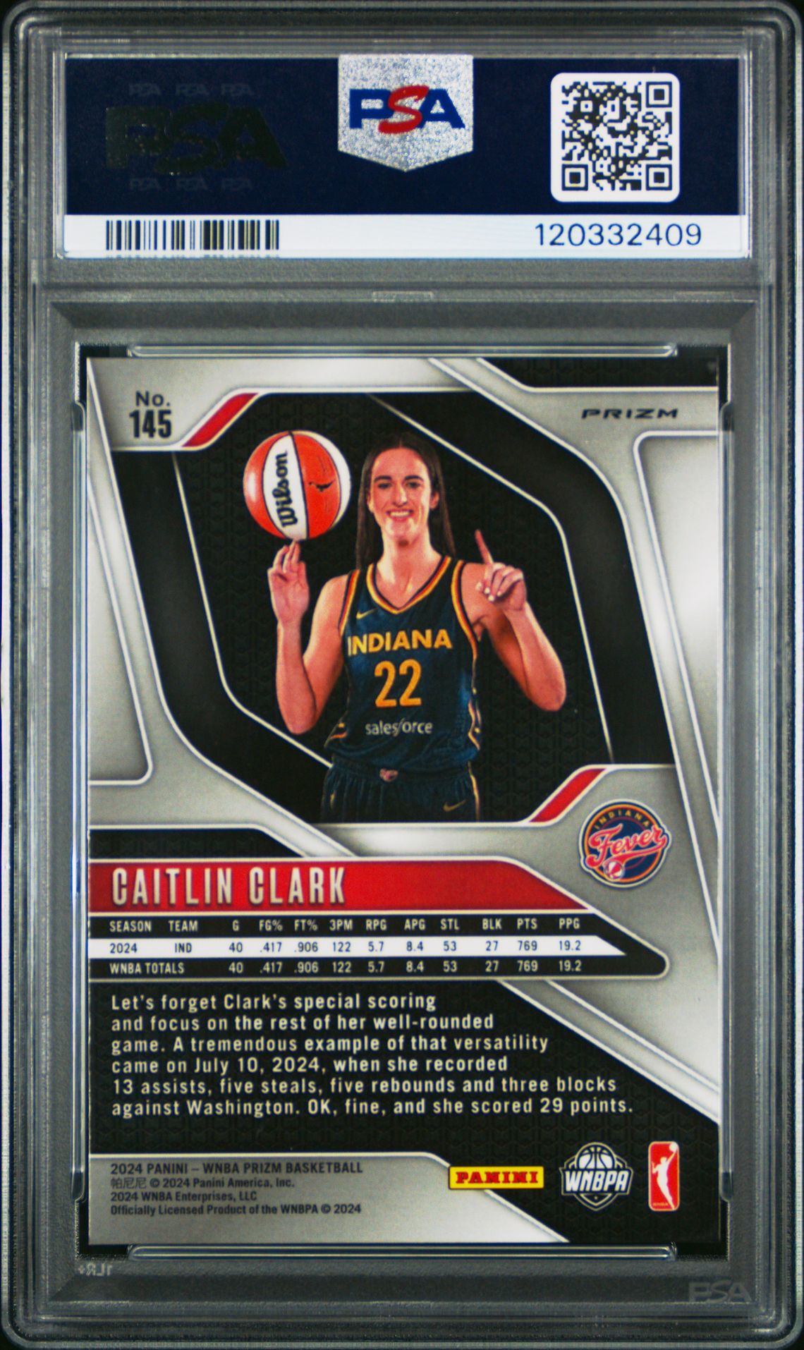 2024 Panini Prizm Wnba Caitlin Clark #145 (Ice) Gem Mt 10 back