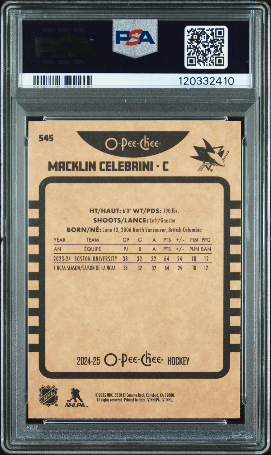 2024 Upper Deck O-Pee-Chee Macklin Celebrini #545 (Retro) Mint 9 back