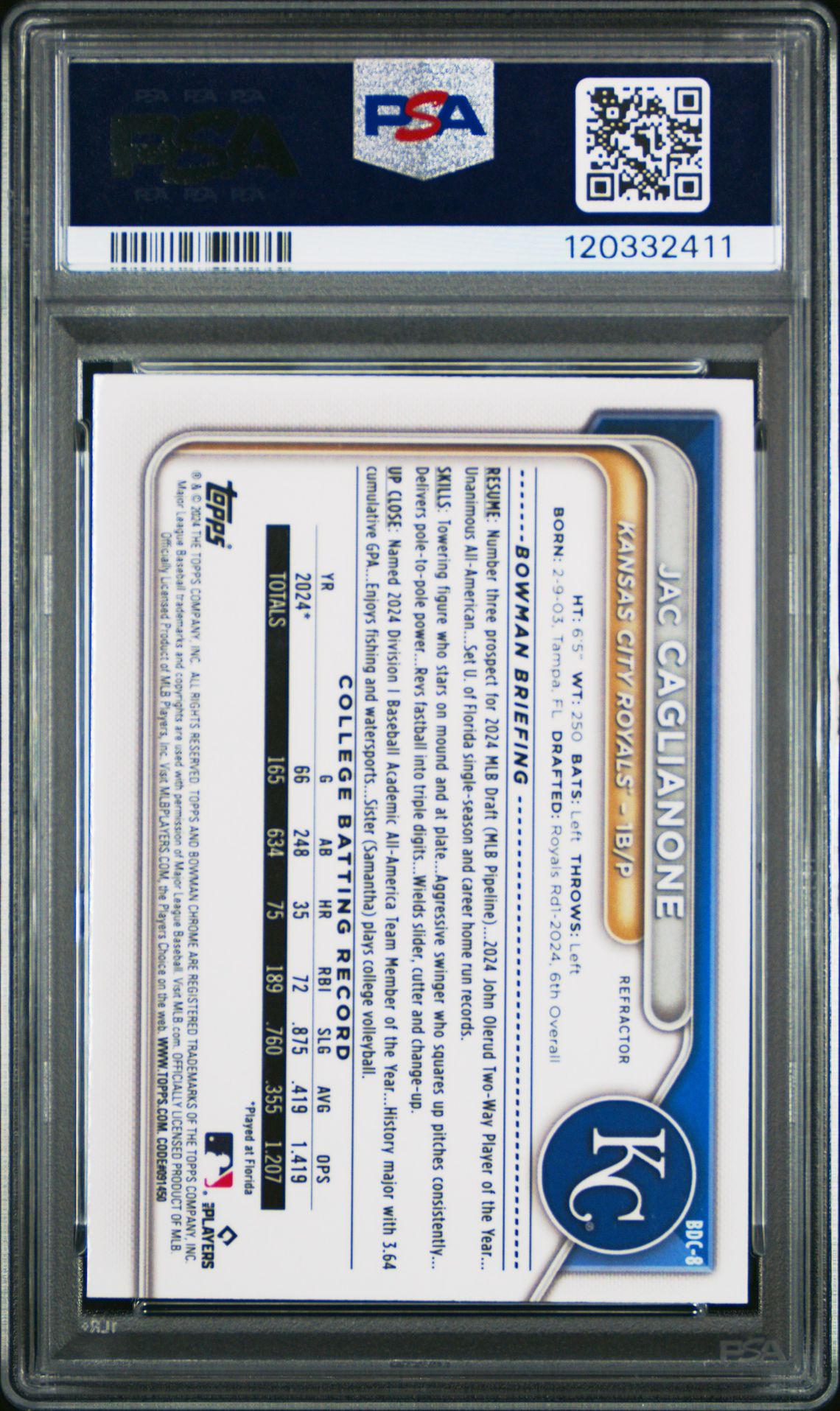 2024 Bowman Draft Jac Caglianone #Bdc8 (Chrome-Refractor) Gem Mt 10 back