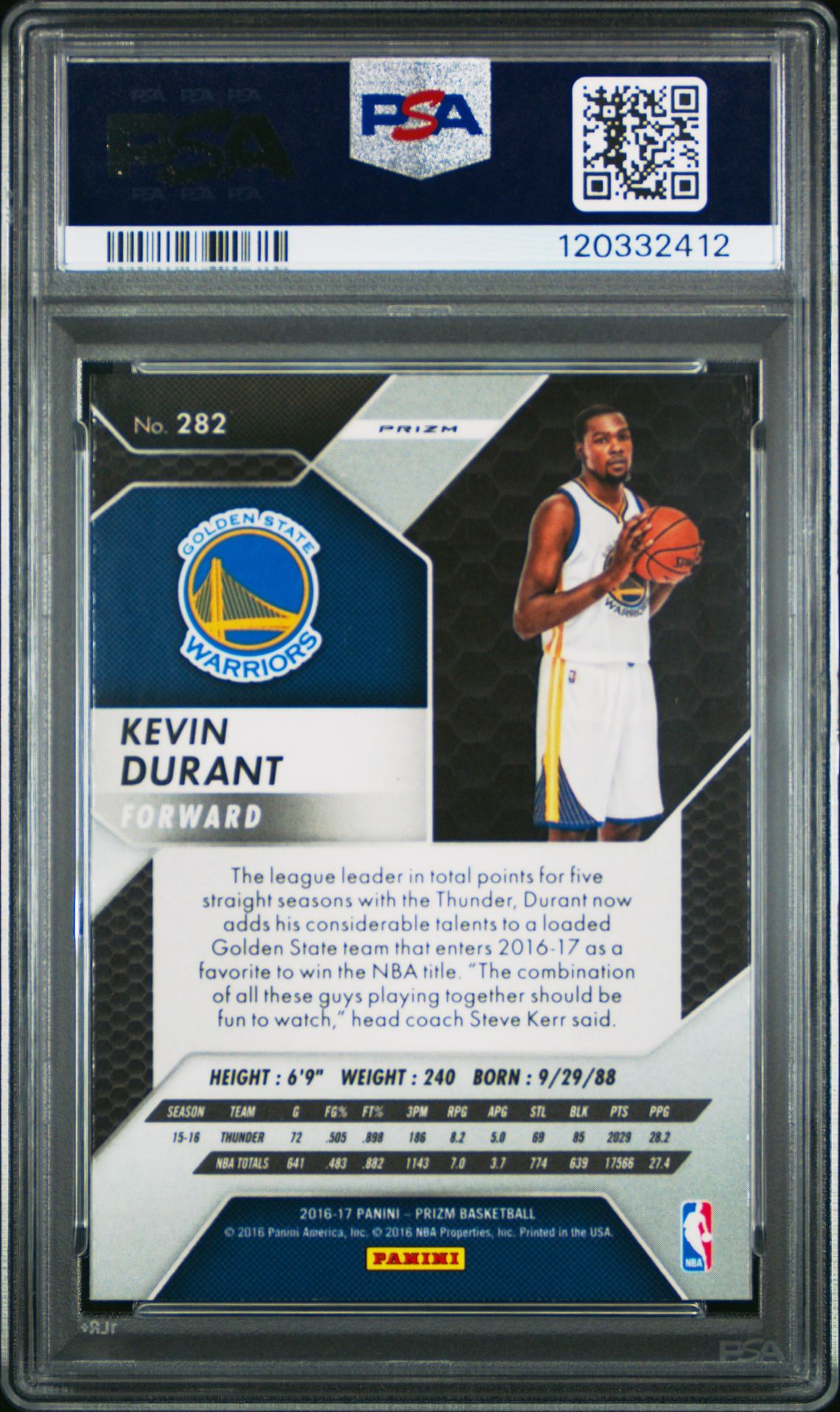 2016 Panini Prizm Kevin Durant #282 (Starburst Prizm) Mint 9 back
