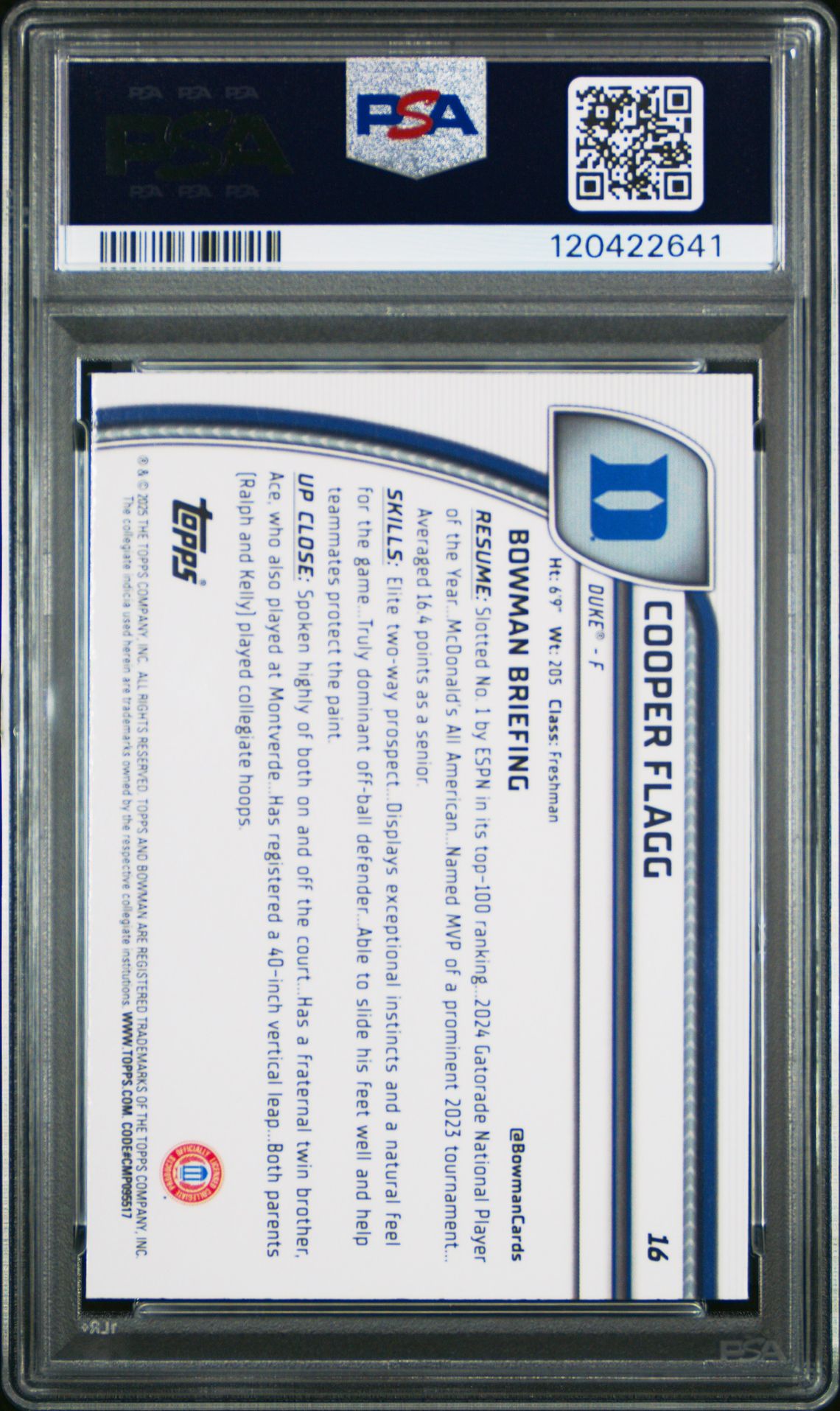 2024 Bowman Chrome University Cooper Flagg #16 (Black Wave) Gem Mt 10 back