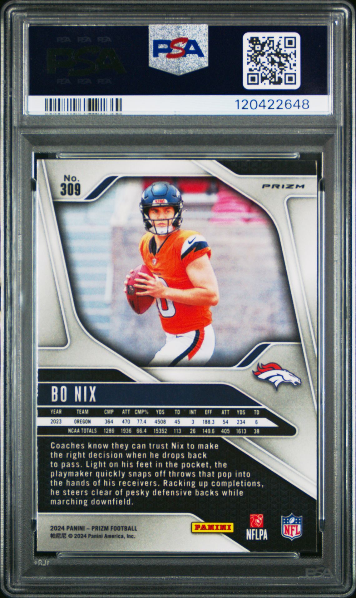 2024 Panini Prizm Bo Nix #309 (Silver Prizm) Gem Mt 10 back