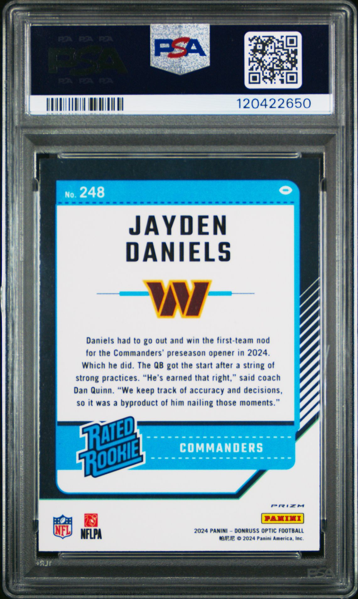 2024 Panini Donruss Optic Jayden Daniels #248 (Holo) Mint 9 back
