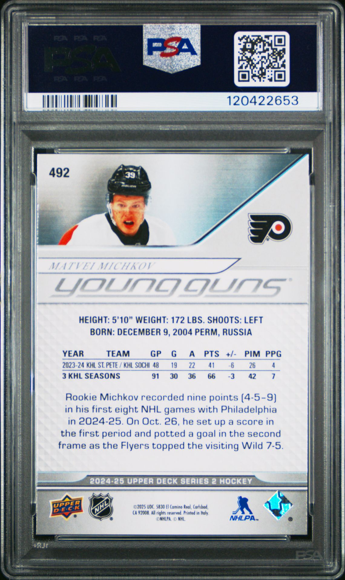 2024 Upper Deck Matvei Michkov #492 Gem Mt 10 back