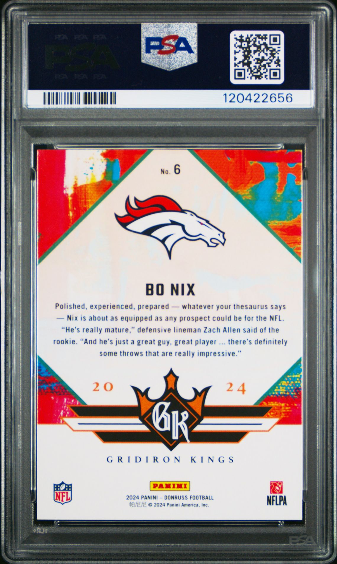 2024 Panini Donruss Rookie Gridiron Kings Bo Nix #6 Gem Mt 10 back
