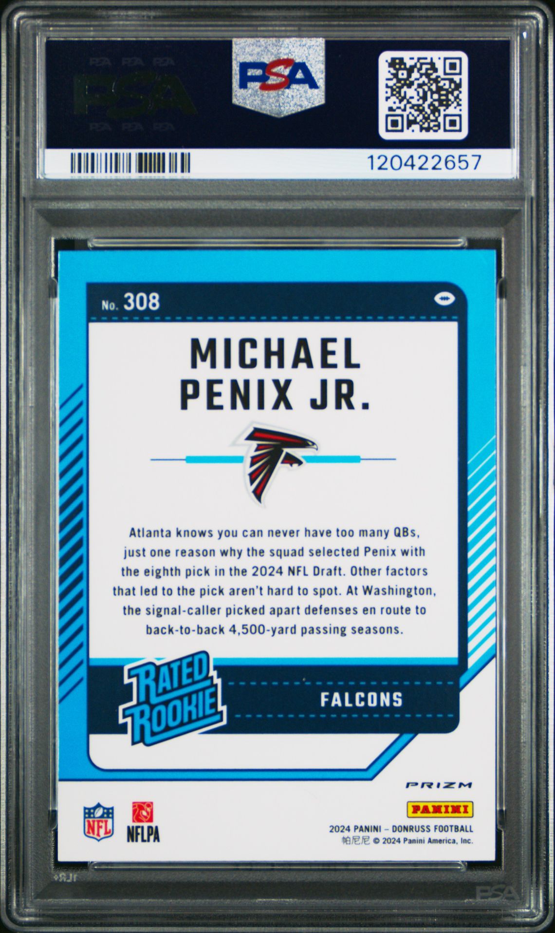 2024 Panini Donruss Michael Penix Jr. #308 (Optic Preview-Pink) Mint 9 back