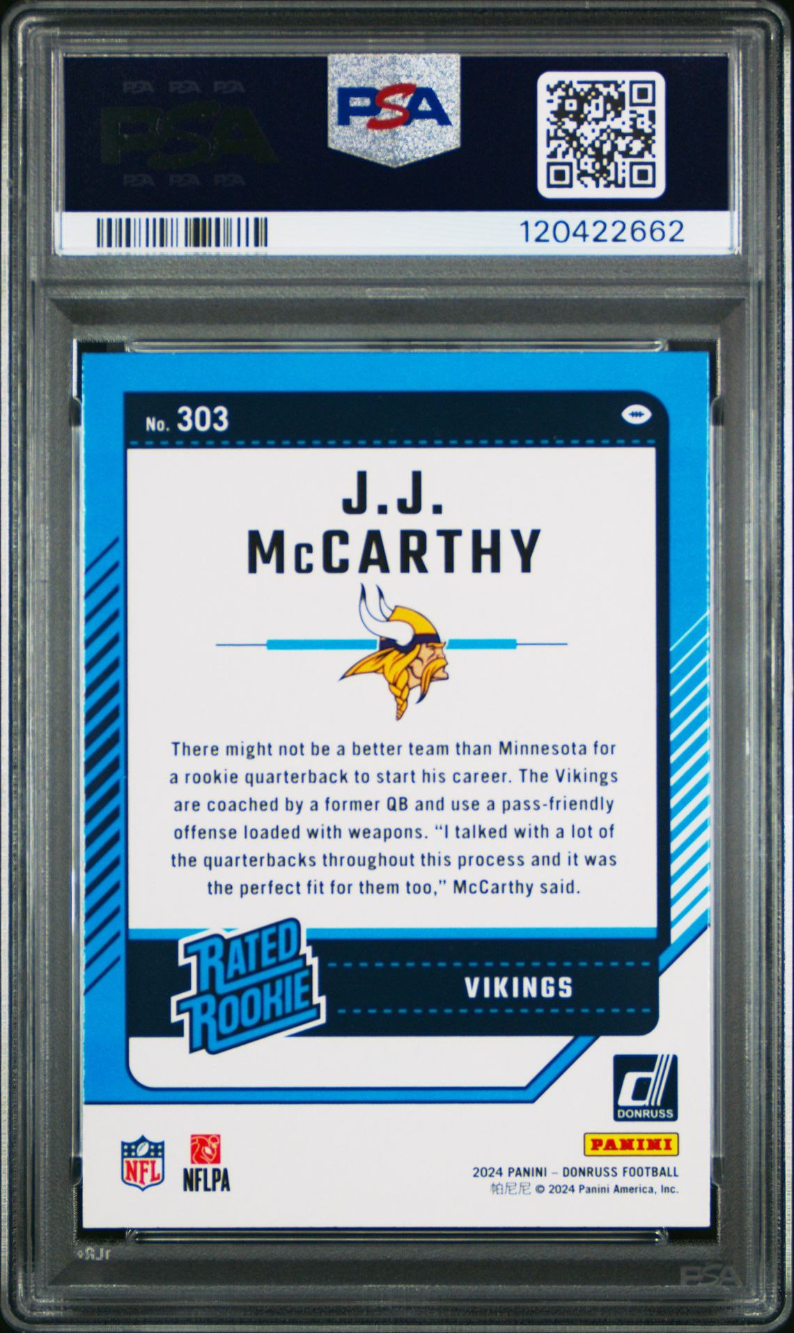 2024 Panini Donruss Jj Mccarthy #303 Gem Mt 10 back