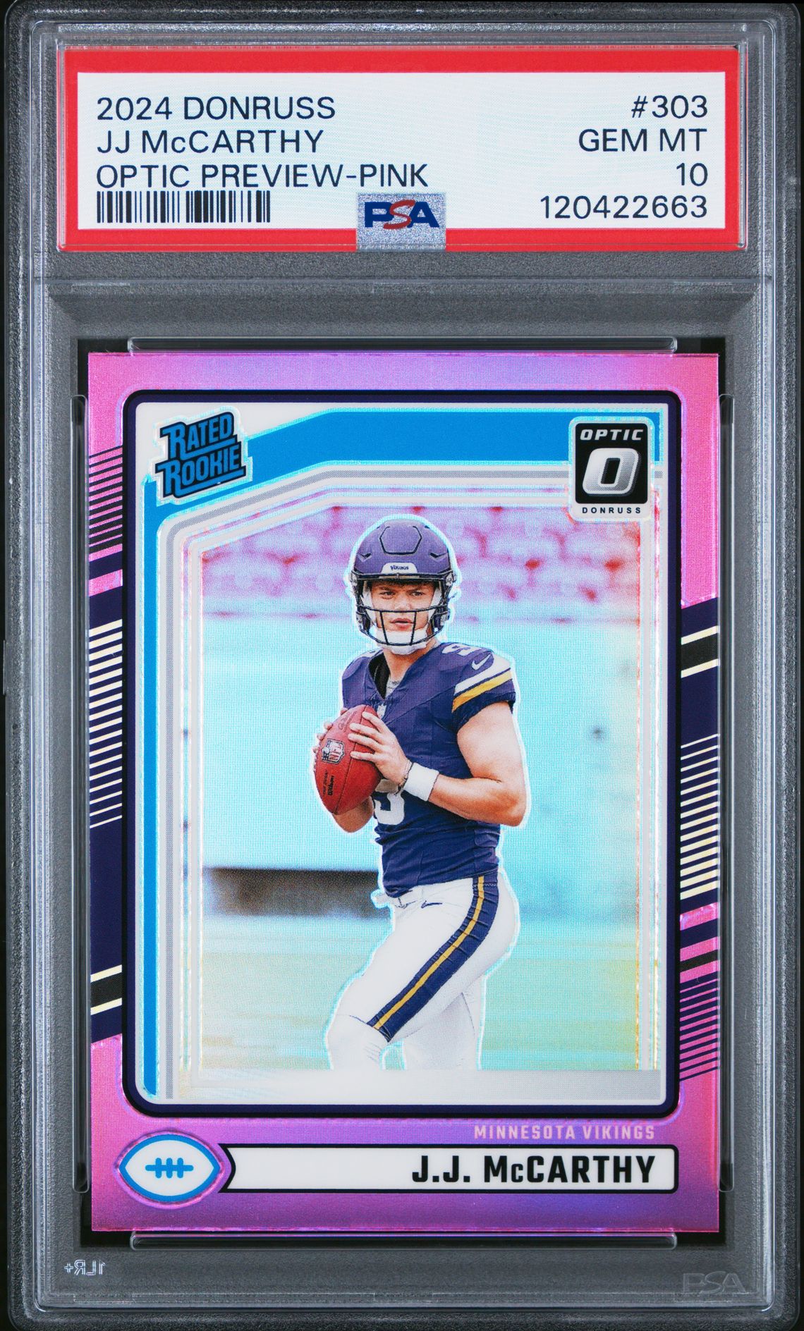 2024 Panini Donruss Jj Mccarthy #303 (Optic Preview-Pink) Gem Mt 10 front