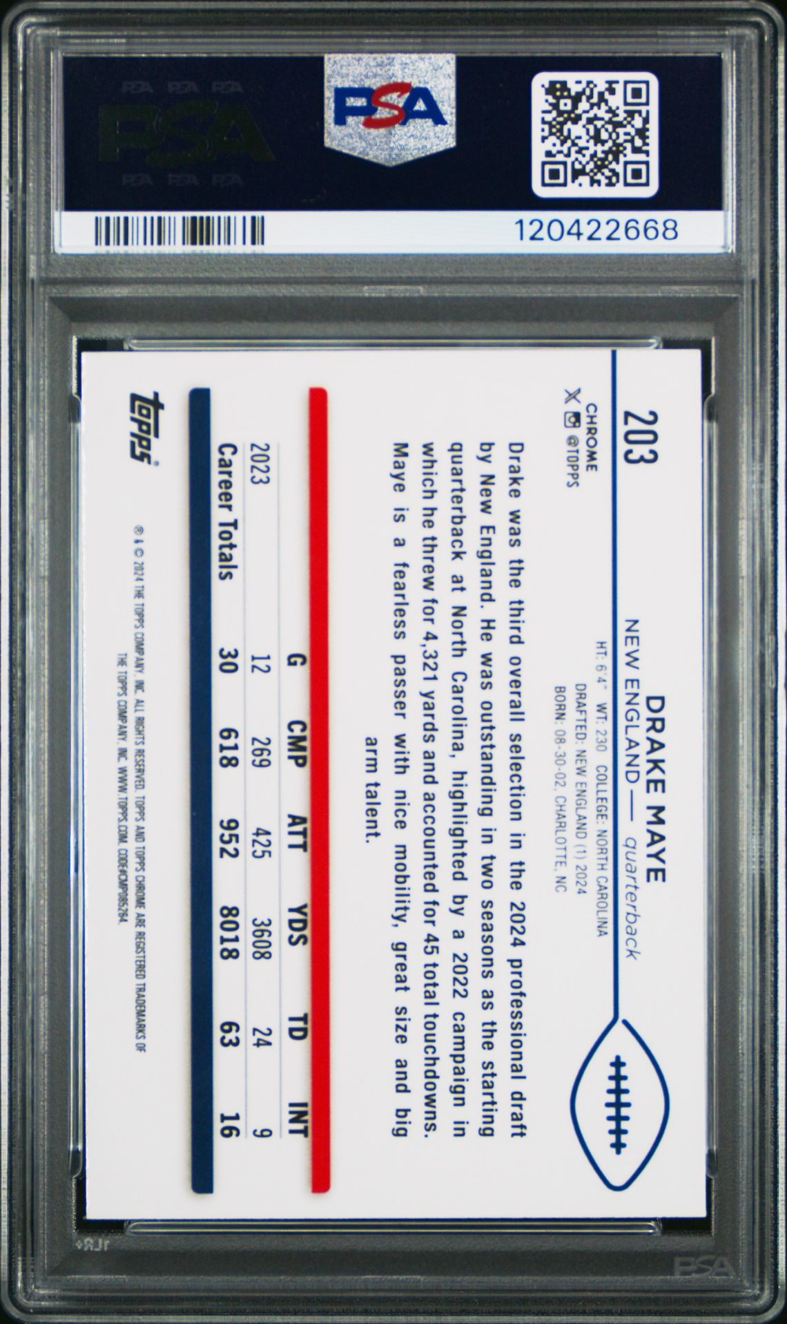 2024 Topps Chrome Drake Maye #203 (Prism Refractor) Gem Mt 10 back