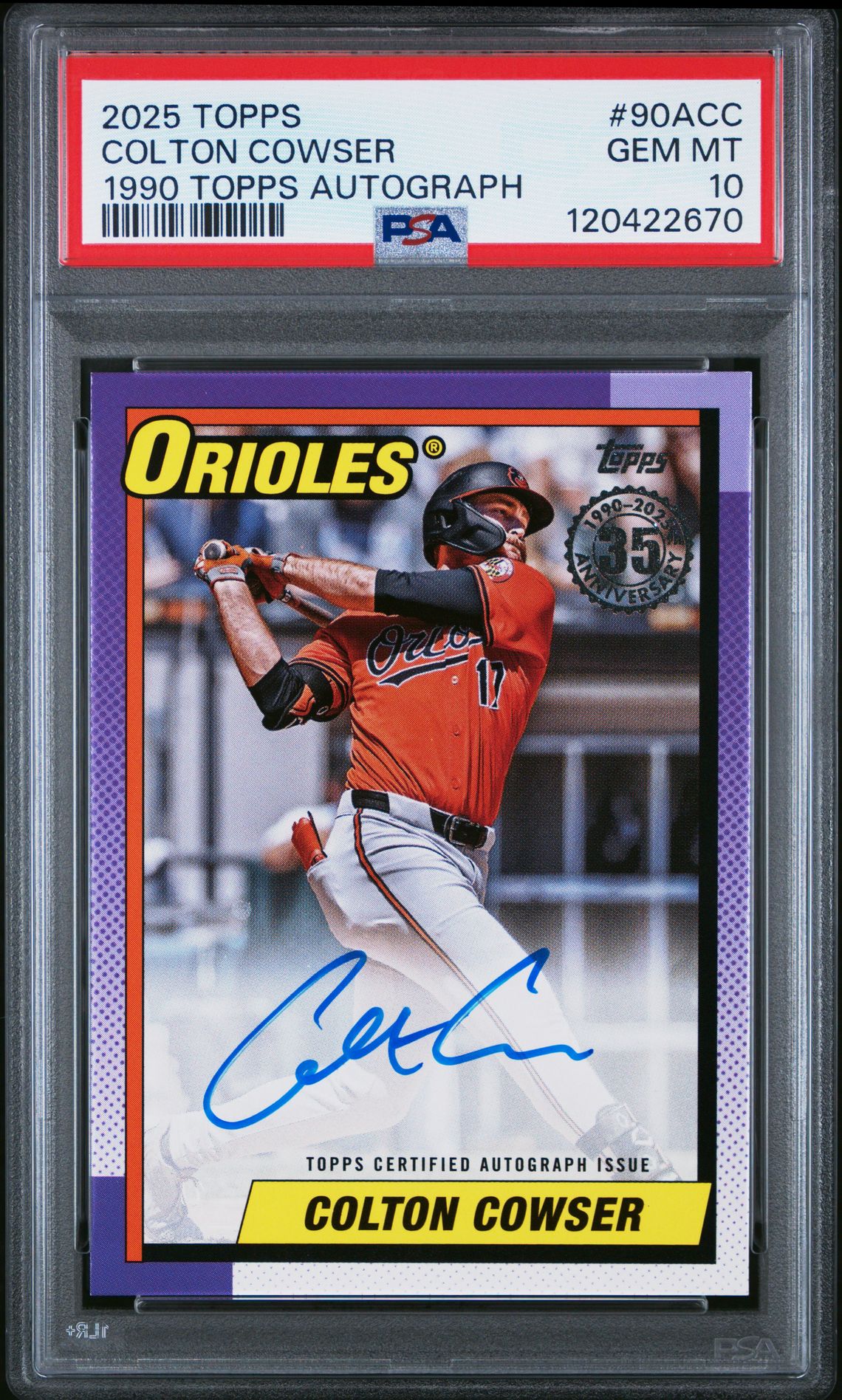 2025 Topps 1990 Topps Baseball Autographs Colton Cowser #90Acc Gem Mt 10 front