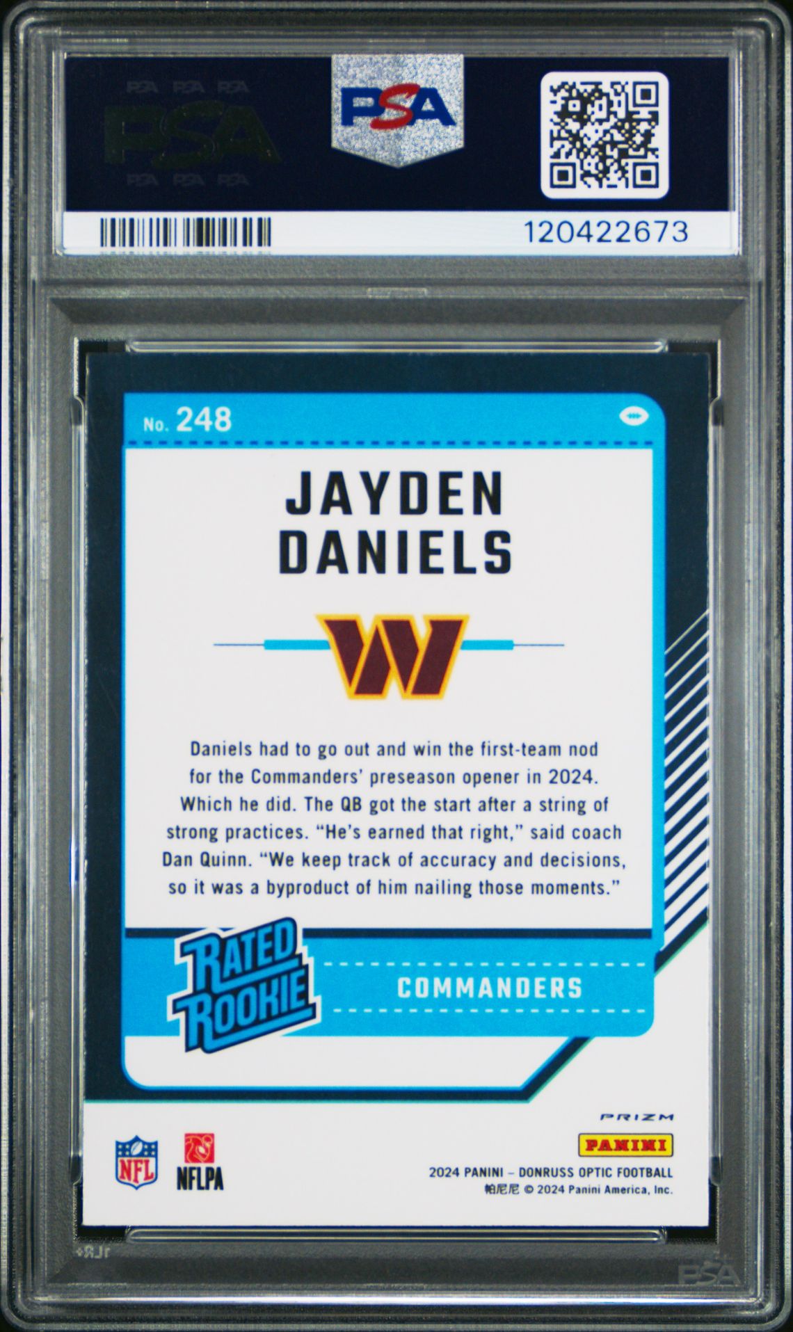 2024 Panini Donruss Optic Jayden Daniels #248 (Green Velocity) Gem Mt 10 back