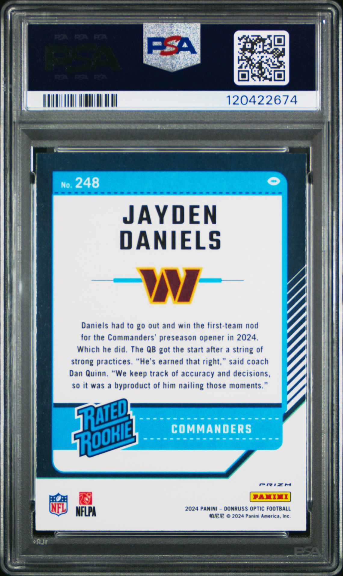 2024 Panini Donruss Optic Jayden Daniels #248 (Pink) Gem Mt 10 back