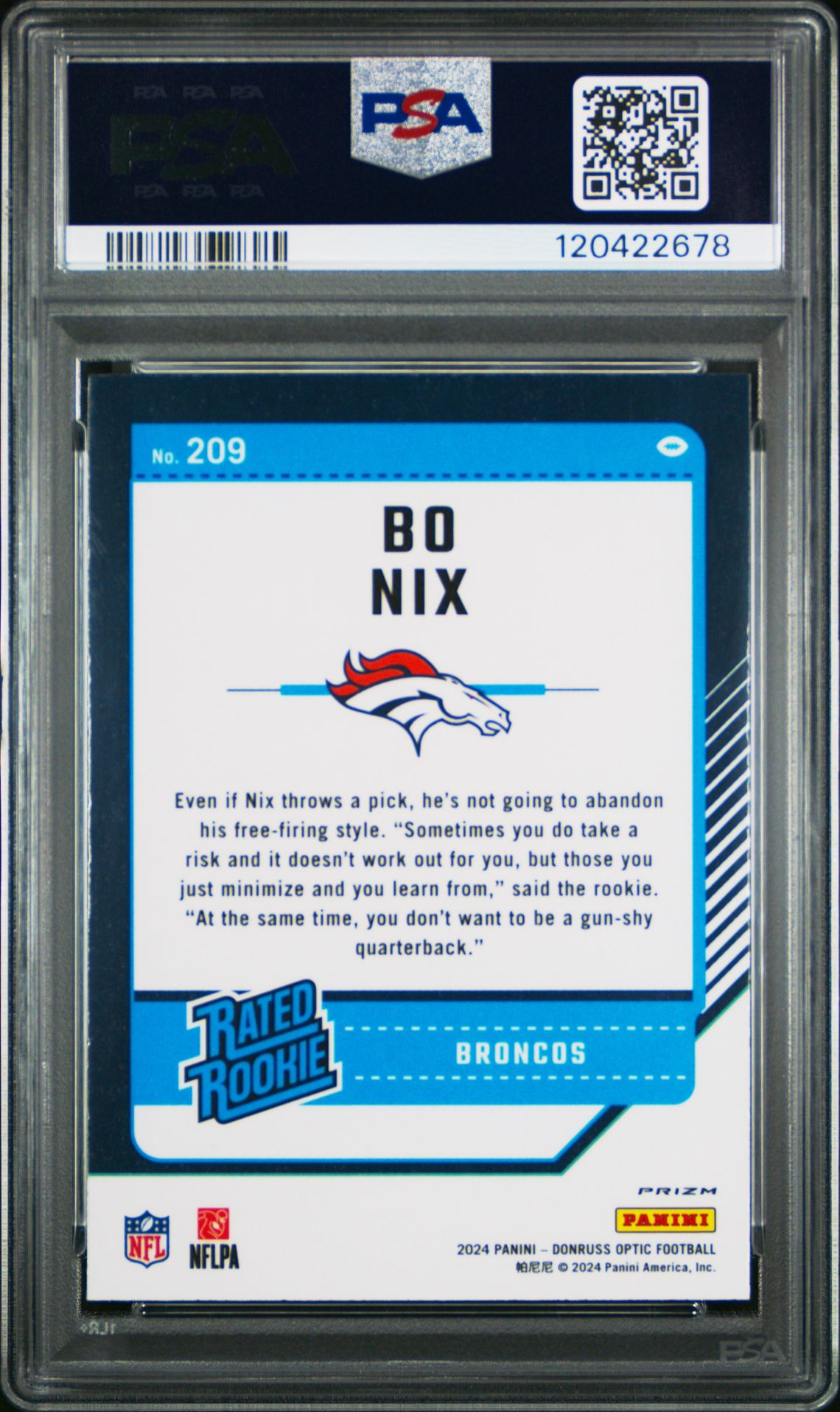 2024 Panini Donruss Optic Bo Nix #209 (Blue Hyper) Gem Mt 10 back