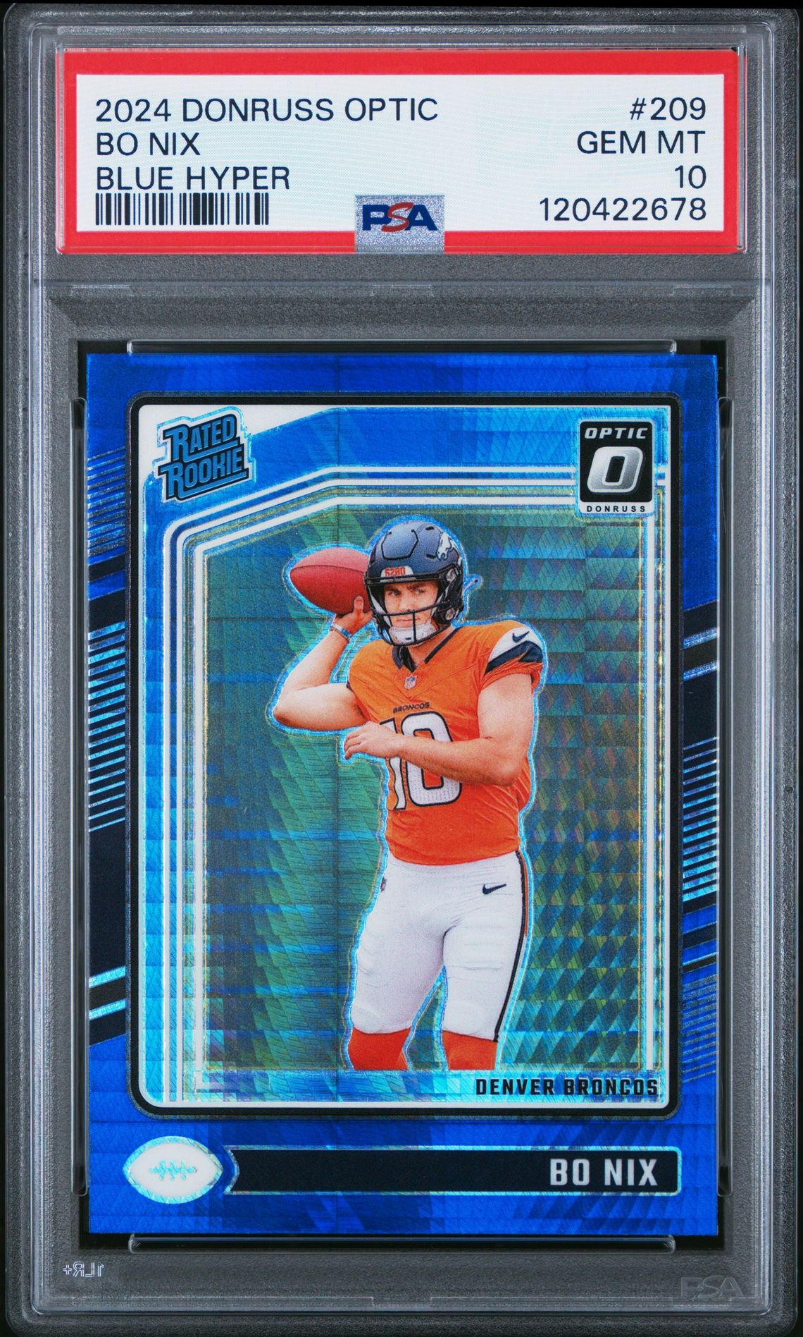 2024 Panini Donruss Optic Bo Nix #209 (Blue Hyper) Gem Mt 10 front