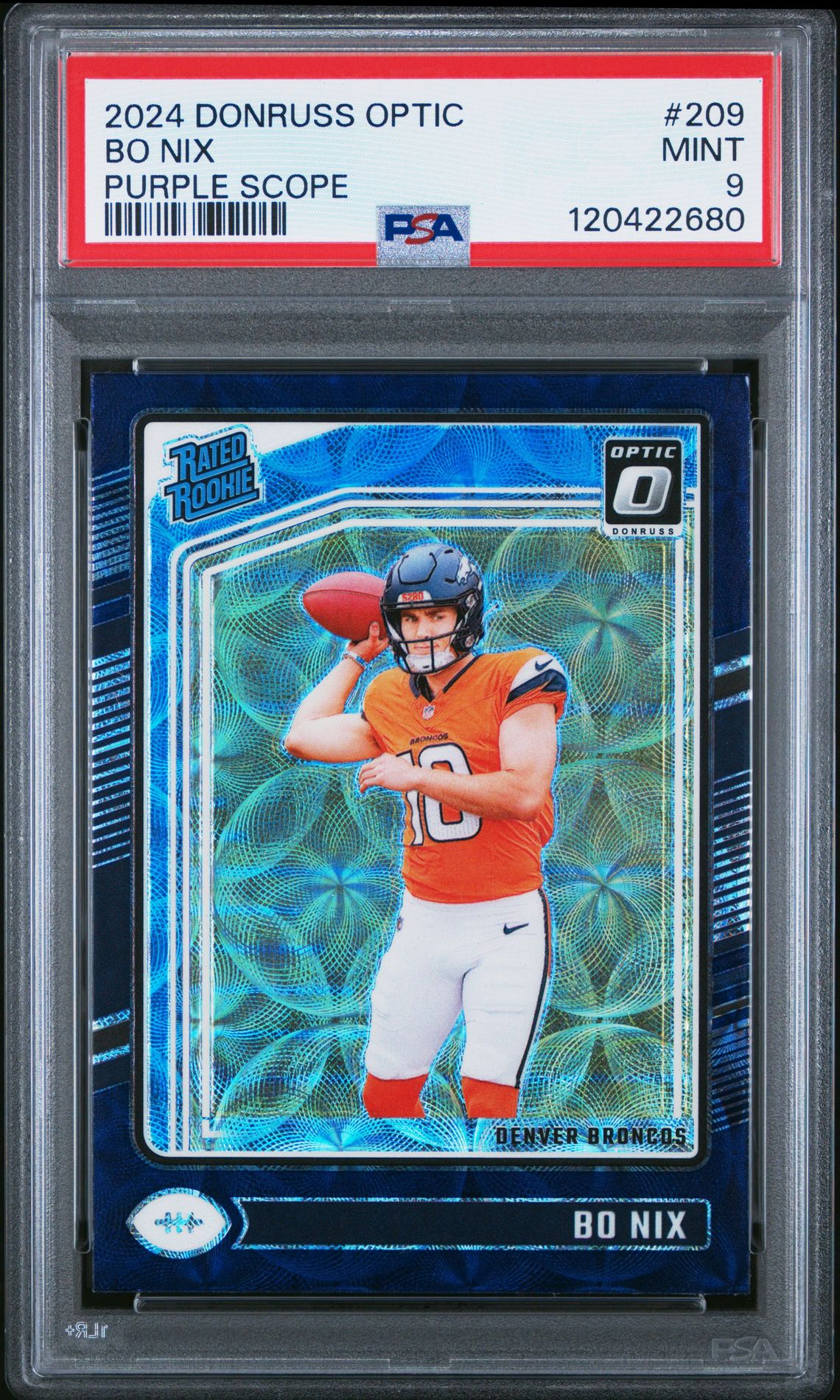 2024 Panini Donruss Optic Bo Nix #209 (Purple Scope) Mint 9 front