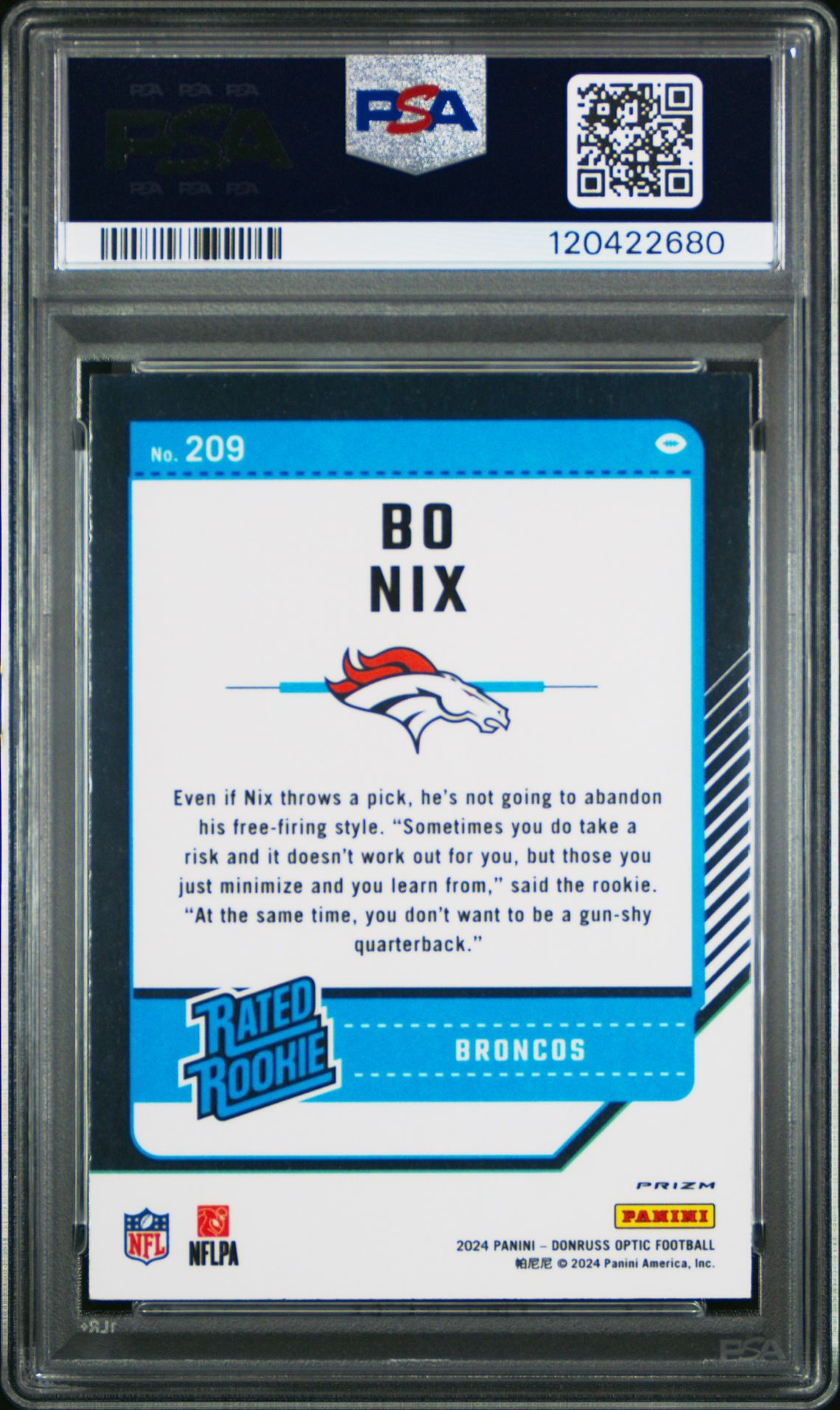2024 Panini Donruss Optic Bo Nix #209 (Purple Scope) Mint 9 back