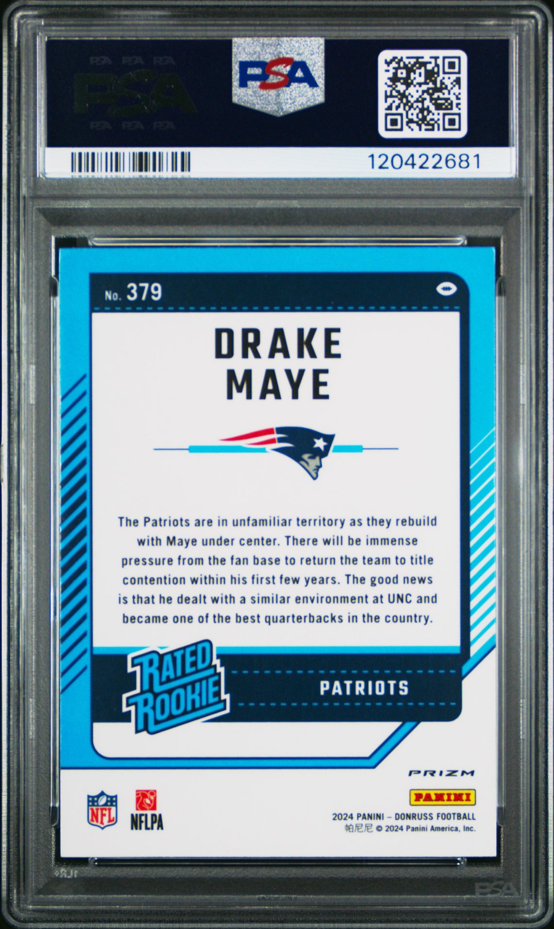 2024 Panini Donruss Drake Maye #379 (Optic Preview-Blue Scope) Gem Mt 10 back