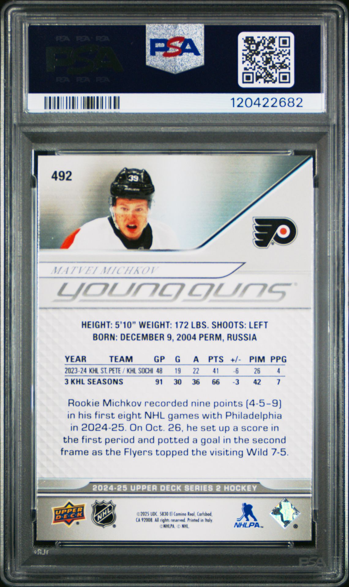 2024 Upper Deck Matvei Michkov #492 Mint 9 back