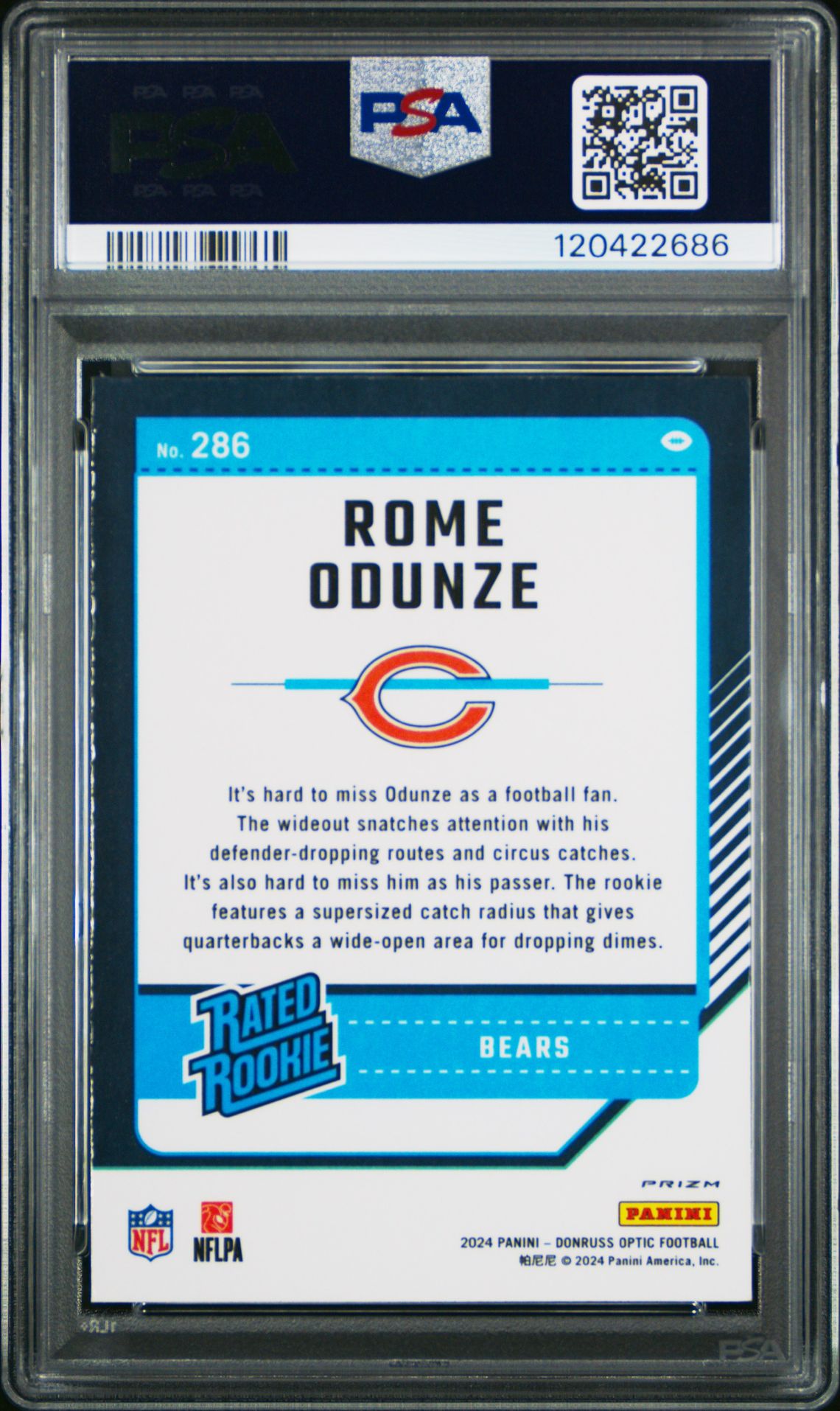 2024 Panini Donruss Optic Rome Odunze #286 (Blue Glitter) Gem Mt 10 back