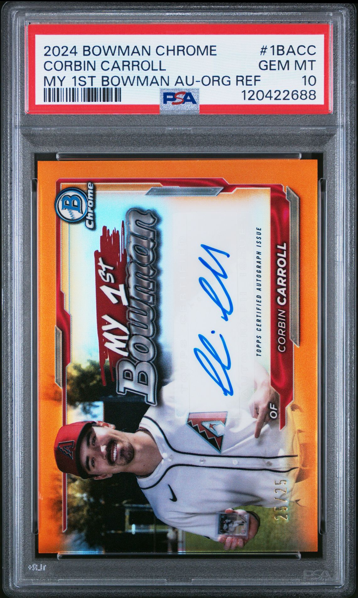 2024 Bowman Chrome My 1St Bowman Autographs Corbin Carroll #1Bacc (My 1St Bowman Au-Org Ref) Gem Mt 10 front